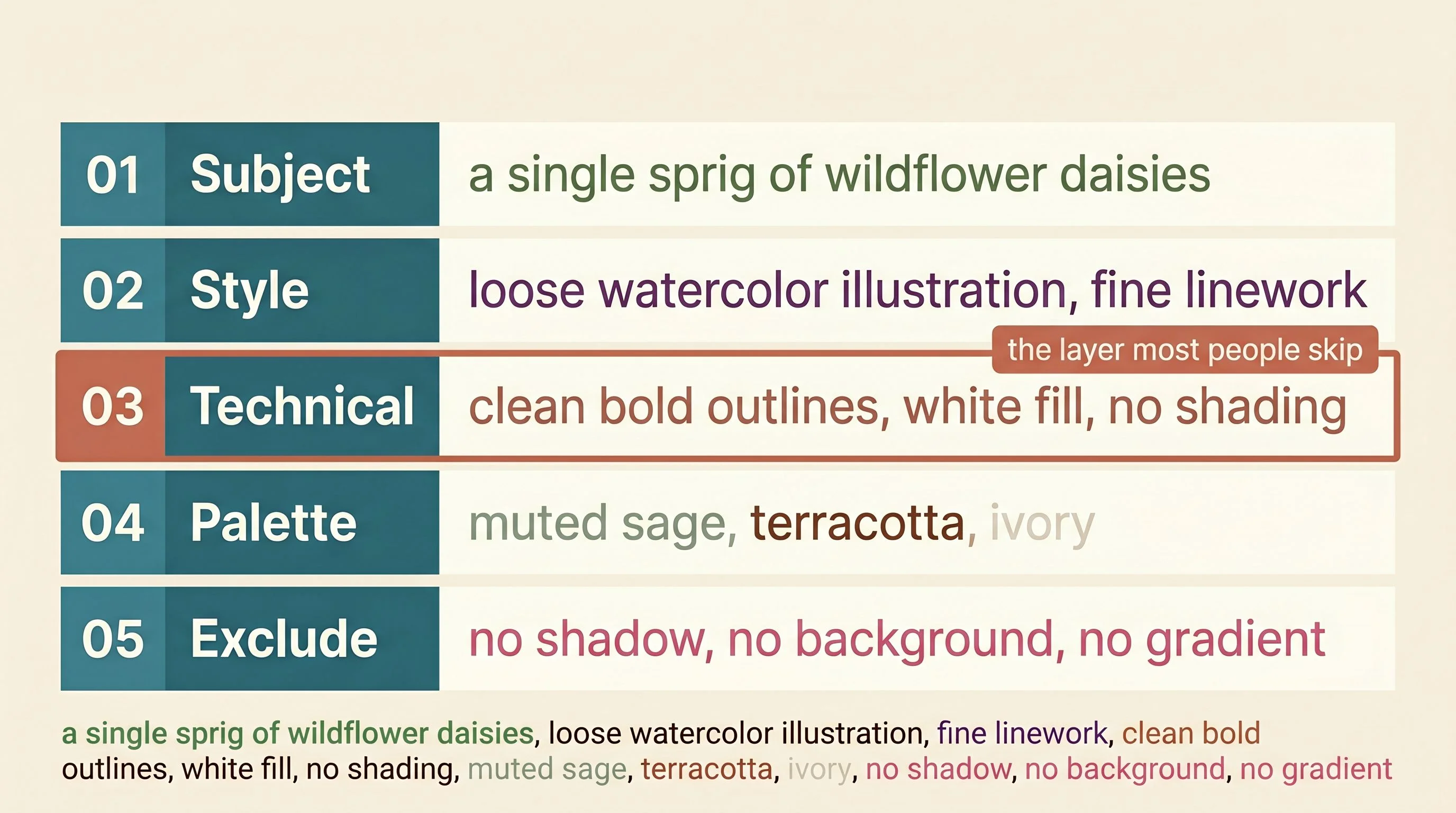 Five-part prompt anatomy diagram — A horizontal segmented layout on a warm cream background (#FDFBF7). Five stacked or side-by-side labeled rows or blocks, each numbered 01 through 05 and color-coded. Block 01 labeled Subject — example text reads 'a single sprig of wildflower daisies'. Block 02 labeled Style — example text reads 'loose watercolor illustration, fine linework'. Block 03 labeled Technical — example text reads 'clean bold outlines, white fill, no shading' — this block is visually highlighted or slightly larger as the most important element, with a terracotta (#C4705A) annotation reading 'the layer most people skip'. Block 04 labeled Palette — example text reads 'muted sage, terracotta, ivory'. Block 05 labeled Exclude — example text reads 'no shadow, no background, no gradient'. Below the five blocks, a complete assembled example prompt is shown as a single text strip with each phrase in the color matching its block. Cream background, teal (#3A7D8C) for primary labels and block numbers, espresso (#2A2118) for text, terracotta (#C4705A) for the callout annotation and highlight. Flat design, no gradients, generous whitespace, editorial print magazine quality, sans-serif labels.