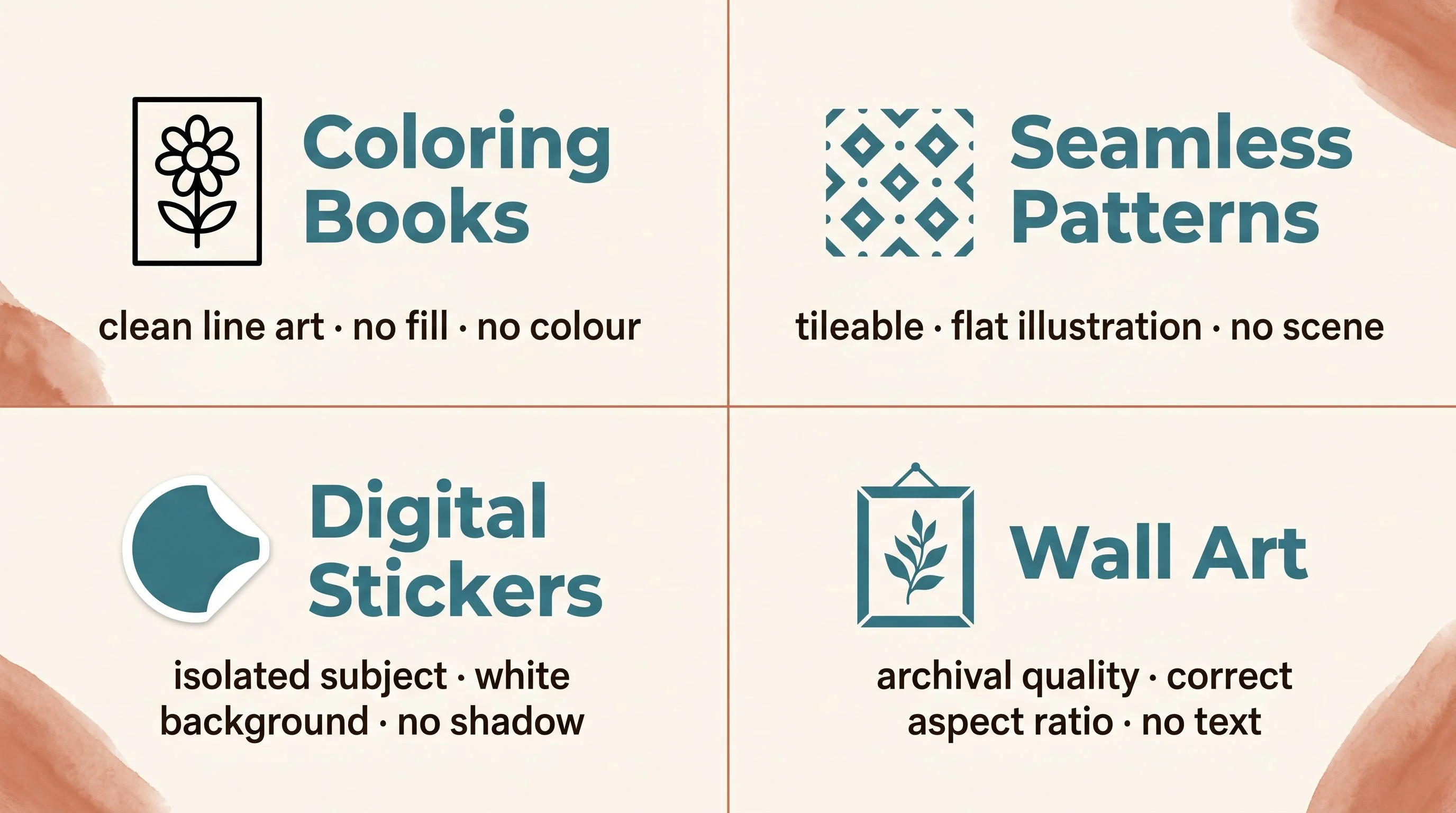 Product type technical requirements grid — A clean 2x2 grid on a warm cream background (#FDFBF7). Each of the four panels contains an icon, a bold label, and a short technical requirement note. Top-left panel: label reads 'Coloring Books', simple icon of a bold-outline flower page, requirement text reads 'clean line art · no fill · no colour'. Top-right panel: label reads 'Seamless Patterns', icon of a small repeating tile swatch, requirement text reads 'tileable · flat illustration · no scene'. Bottom-left panel: label reads 'Digital Stickers', icon of a rounded sticker shape with a white halo border, requirement text reads 'isolated subject · white background · no shadow'. Bottom-right panel: label reads 'Wall Art', icon of a small framed botanical print, requirement text reads 'archival quality · correct aspect ratio · no text'. Each panel has a subtle terracotta (#C4705A) watercolour-wash accent touch in one corner. Thin dividing lines between panels. Espresso (#2A2118) text, teal (#3A7D8C) for panel labels and icons, cream (#FDFBF7) background, generous interior padding. Flat design, no gradients, no 3D, editorial print magazine quality, sans-serif labels.