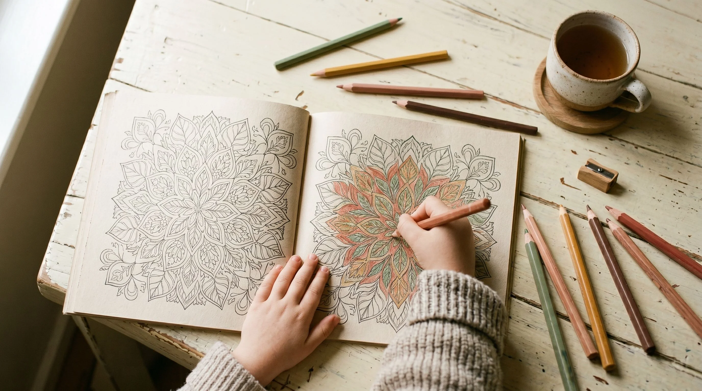 A warm top-down flat-lay photograph of a child's small hands colouring in a page from a printed coloring book on a cream kitchen table. The open page shows an intricate black-line-art botanical mandala, partially coloured in with warm terracotta, sage green, and ochre coloured pencils. A handful of coloured pencils lies scattered casually around the book. A small ceramic mug of tea sits in the upper-right corner, softly out of focus. Warm afternoon window light falls across the scene from the left. Editorial Kinfolk magazine photography, warm natural window light, shallow depth of field, slight analog film grain, muted desaturated earth tones, cream and espresso colour palette, soft directional shadows, tactile and intimate, not glossy, not retouched, editorial — not stock. Horizontal 16:9 composition, intimate and editorial, the colouring-in moment captured as 'in the world' rather than as a catalogue shot.