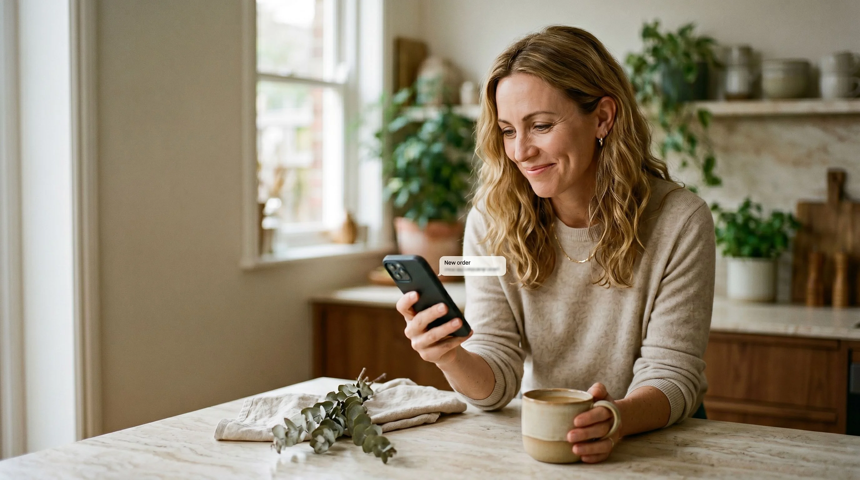 A warm, attractive woman in her early 40s with shoulder-length honey-blonde hair in soft loose waves, warm hazel-green eyes with gentle crinkles at the corners, natural minimal makeup, a small dimple when she smiles, a quiet private smile. She wears a soft oatmeal-coloured cashmere jumper with the sleeves pushed up, a thin gold chain at her collarbone, a single small gold hoop earring visible. She looks warm and at ease — not posed, not glossy, a real woman in a real kitchen. She is standing at a cream marble kitchen counter in soft morning light, one hand wrapped around a warm ceramic coffee mug and the other holding her phone at an angle so we can see a small, softly-blurred sale-notification banner on the screen (a simple phrase like 'New order' in a chat-bubble style, intentionally unreadable). Her expression is a quiet, amused half-smile — the look of someone who just saw something pleasant but unremarkable. A linen tea towel and a small sprig of dried eucalyptus sit on the counter beside her. Indoor plant softly out of focus behind her right shoulder. Editorial Kinfolk magazine photography, warm natural window light, shallow depth of field, slight analog film grain, muted desaturated earth tones, cream and espresso colour palette, soft directional shadows, tactile and intimate, not glossy, not retouched, editorial — not stock. Vertical 4:5 portrait composition, lots of negative space, intimate and domestic.