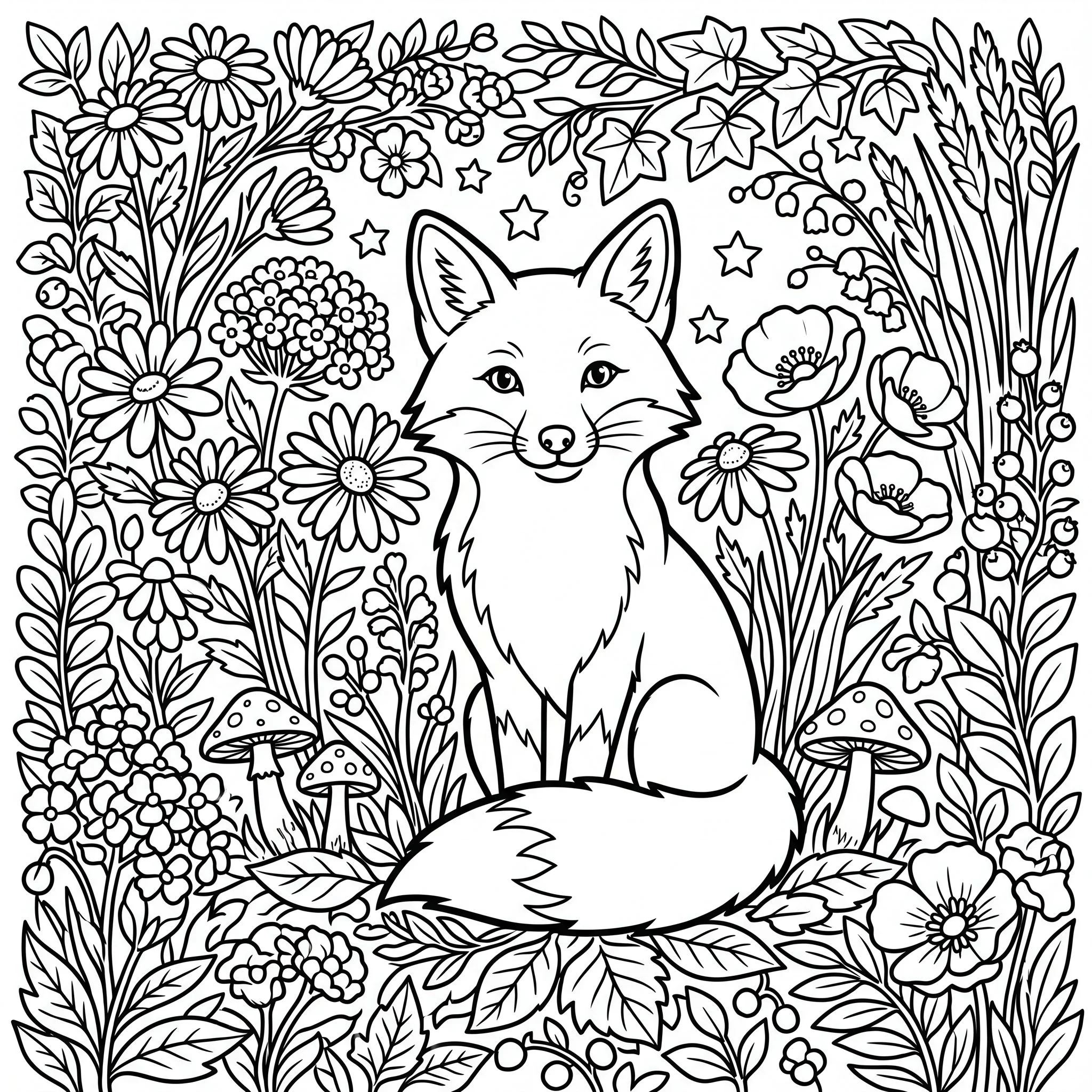 A black and white line-art coloring book page filling the entire square frame edge to edge with NO white padding, NO borders, NO margins around the artwork. The composition extends all the way to every edge of the image. Scene: a sitting fox as the central subject, facing the viewer with a gentle smile, tail curled around its feet, surrounded by a dense, frame-filling arrangement of wildflowers, leaves, tall grass stems, mushrooms, and a few small stars — the foliage and florals reach all four edges of the frame and wrap around the fox completely, leaving no empty white space at the top, bottom, left, or right. Thick, clean, confident black outlines on a pure white background — the kind of bold, evenly-weighted line work used in professional children&rsquo;s coloring books. Clearly enclosed shapes with enough internal detail (fur tufts, flower centers, leaf veins) to be interesting to color, but NOT overwhelmingly dense. No shading. No crosshatching. No grey tones. No fills. No gradients. No colour. Pure black lines on pure white. Print-ready line art, charming, storybook feel, full-bleed square composition that fills the entire canvas.