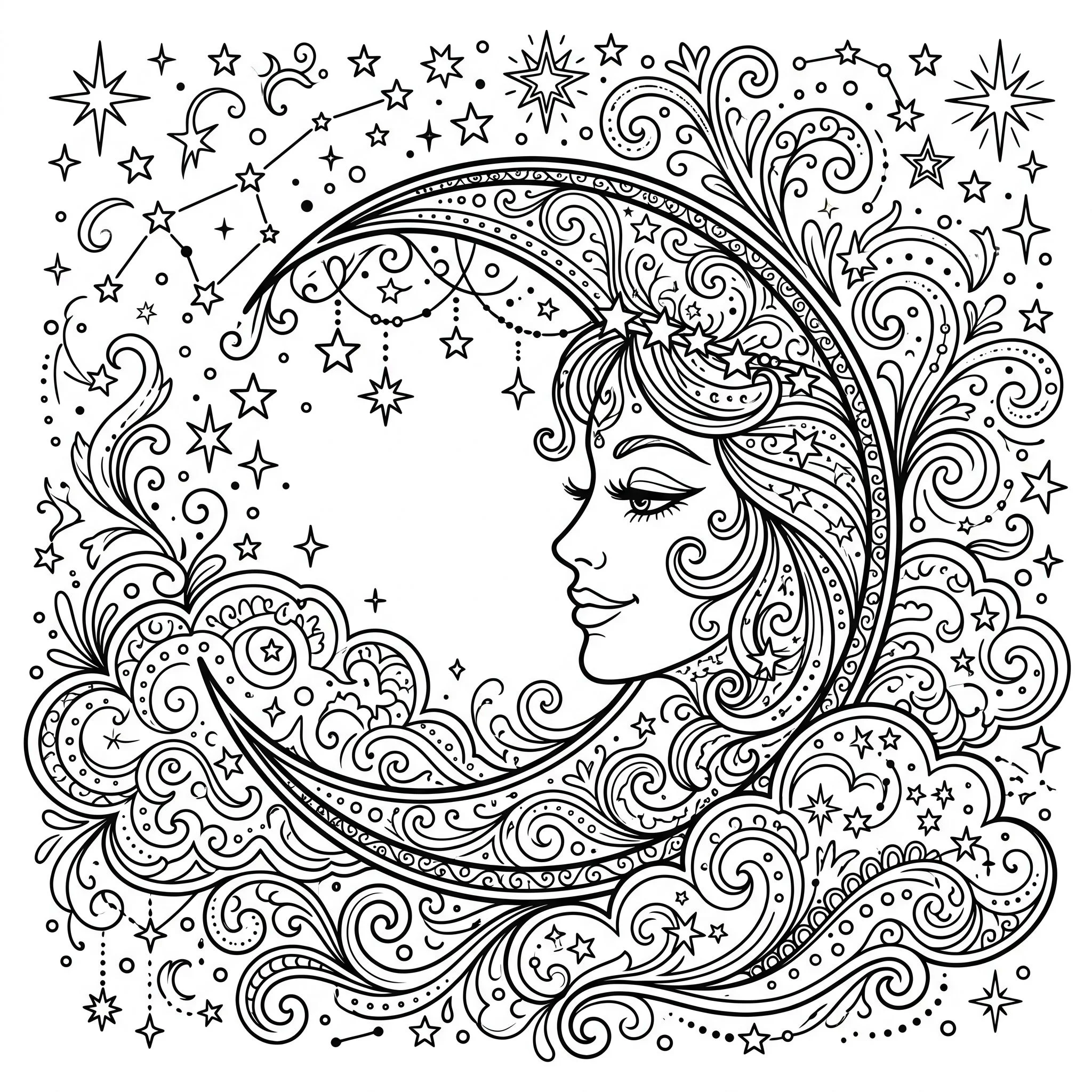 A coloring book page with a crescent moon face surrounded by stars, clouds, and delicate celestial flourishes. Clean bold black outlines on a pure white background, detailed but printable. No shading, no fills, no gradients. Print-ready line art suitable for a teen/adult coloring book. Dreamy, mystical, beautiful.