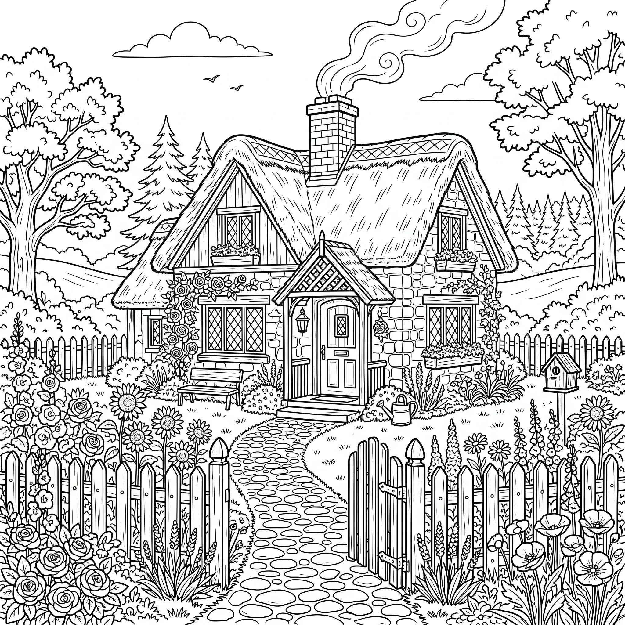 A coloring book page of a cozy storybook cottage with a smoking chimney, surrounded by flower gardens, a winding path, and a small picket fence. Clean bold black outlines on a pure white background. Detailed but printable. No shading, no fills, no gradients. Print-ready line art suitable for an adult coloring book. Warm, inviting, hand-drawn feel.