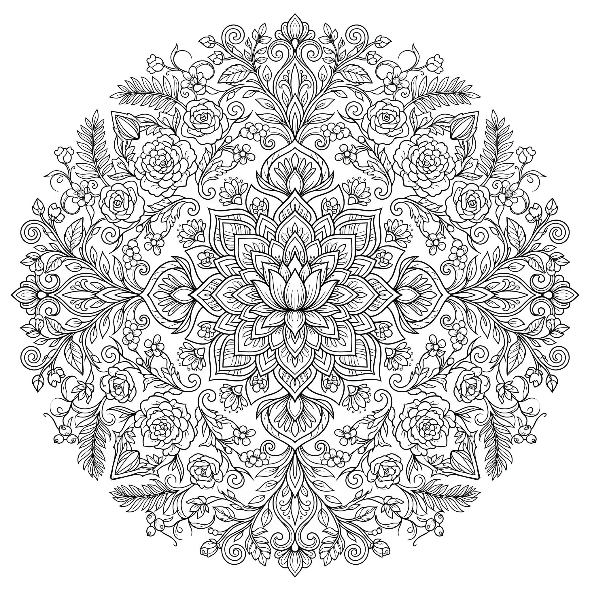 A coloring book page with intricate black line art of a botanical mandala — concentric rings of detailed flowers, leaves, and vines. Clean bold black outlines on a pure white background. No shading, no fills, no gradients. Print-ready line art suitable for adult coloring book. Symmetrical, meditative, beautiful.