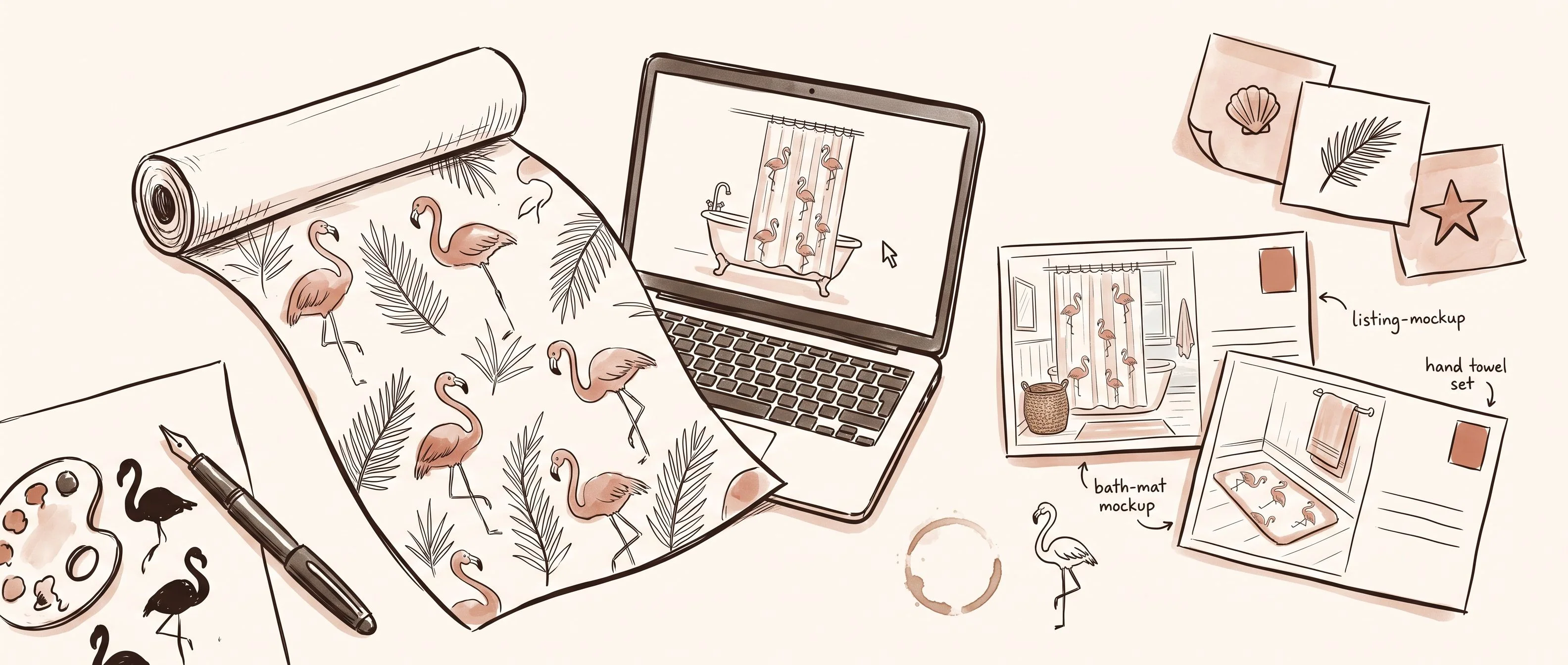 Editorial hand-drawn pen and ink feature illustration on warm cream paper (#FDFAF6 background), filling the full 21:9 cinematic frame edge to edge. Loose, confident dark brown ink lines (#2A2118) with multiple soft muted terracotta (#C4705A) watercolor-wash accents distributed across the composition. Imperfect, warm, hand-sketched journal illustration style — like the wide opening spread of a high-end print magazine. Composition: a generous overhead desk flat-lay spanning the entire frame, a pattern designer's worktable mid-project. Centred slightly left, a large unrolled fabric swatch sketched in ink showing a repeating pastel flamingo and palm frond pattern, its flamingos touched with soft terracotta wash. Beside it, a laptop drawn at a casual angle, its screen showing a tiny sketched bathroom with the flamingo shower curtain hanging beside a small clawfoot tub, with a small cursor arrow. To the right, two postcard-sized listing-mockup sketches laid out loosely: the curtain styled in a bright coastal bathroom with a woven basket, and a matching bath mat and hand towel set, each touched lightly with terracotta accents and a tiny handwritten label. In the lower left, a fountain pen rests diagonally beside a small ink sketch of a paint palette and loose flamingo silhouettes. Upper right corner: a loose fan of three sticky notes, each with a single ink doodle — a tiny seashell, a palm frond, a five-pointed star — and a faint terracotta wash. Scattered between elements: a small coffee ring shadow and two loose ink sketches of single flamingos. All composition elements distributed across the full width of the frame, spread like a working desk mid-process. No photorealism, no digital gradients beyond the terracotta washes, no flat digital design, no text other than tiny handwritten labels near the mockups. Cinematic horizontal 21:9 composition with strong edge-to-edge flow, generous but not empty negative space, and visible hand-drawn ink texture throughout.