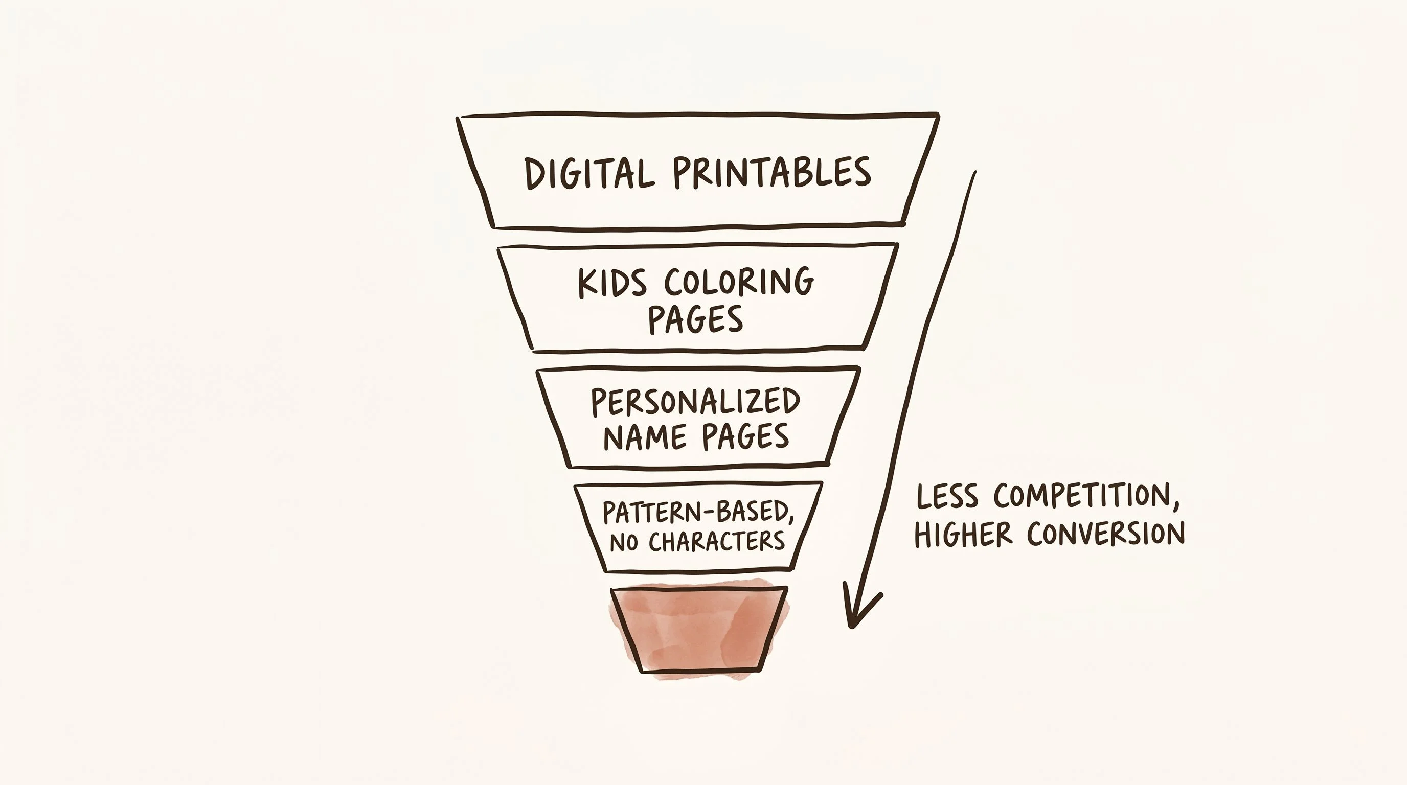 Editorial hand-drawn pen and ink infographic on warm cream paper (#FDFAF6 background). Loose, confident dark brown ink lines (#2A2118) with subtle muted terracotta (#C4705A) watercolor-wash accents. Imperfect, warm, hand-sketched journal illustration style — like marginalia in a quality magazine or a designer's sketchbook. Composition: a single vertical niche funnel drawn as four slightly wobbly stacked trapezoid shapes, widest at the top and narrowest at the bottom. Each level is labeled in hand-lettered casual all-caps, top to bottom: 'DIGITAL PRINTABLES', 'KIDS COLORING PAGES', 'PERSONALIZED NAME PAGES', 'PATTERN-BASED, NO CHARACTERS'. The bottom, narrowest segment has a soft terracotta watercolor wash fill. To the right of the funnel, a loose slightly curved hand-drawn arrow points downward with a hand-lettered annotation reading 'LESS COMPETITION, HIGHER CONVERSION'. Generous negative space on all sides. No photorealism, no digital gradients beyond the terracotta wash, no flat digital design. Horizontal 16:9 composition.