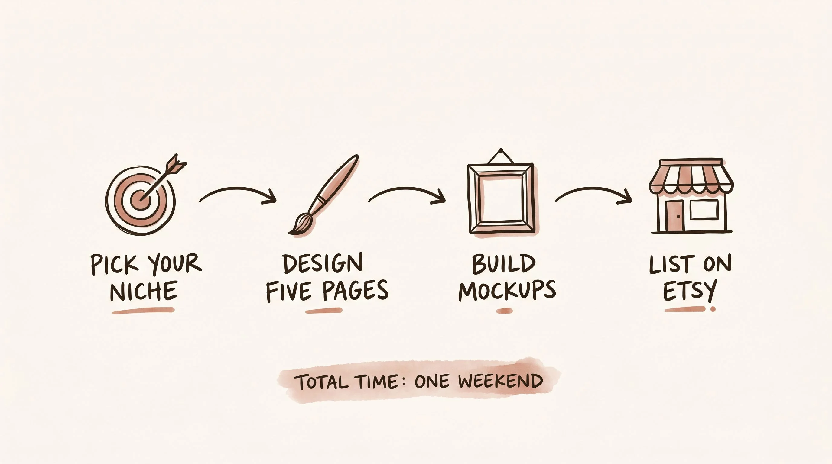 Editorial hand-drawn pen and ink infographic on warm cream paper (#FDFAF6 background). Loose, confident dark brown ink lines (#2A2118) with subtle muted terracotta (#C4705A) watercolor-wash accents. Imperfect, warm, hand-sketched journal illustration style — like marginalia in a designer's notebook. Composition: a horizontal left-to-right four-step workflow connected by loose, slightly wobbly curved hand-drawn arrows. Step 1: a small sketched target or bullseye with hand-lettered caption 'PICK YOUR NICHE' underneath in casual all-caps. Step 2: a small sketched paintbrush with caption 'DESIGN FIVE PAGES'. Step 3: a small sketched picture frame with caption 'BUILD MOCKUPS'. Step 4: a small sketched storefront with caption 'LIST ON ETSY'. Each caption has a tiny terracotta underline or dot. Below the pipeline, a small hand-lettered annotation reads 'TOTAL TIME: ONE WEEKEND' with a soft terracotta watercolor wash behind it. The arrows between steps are loose, imperfect, slightly curved. Generous negative space above and below. No photorealism, no digital gradients beyond the terracotta wash, no flat digital design. Horizontal 16:9 composition.