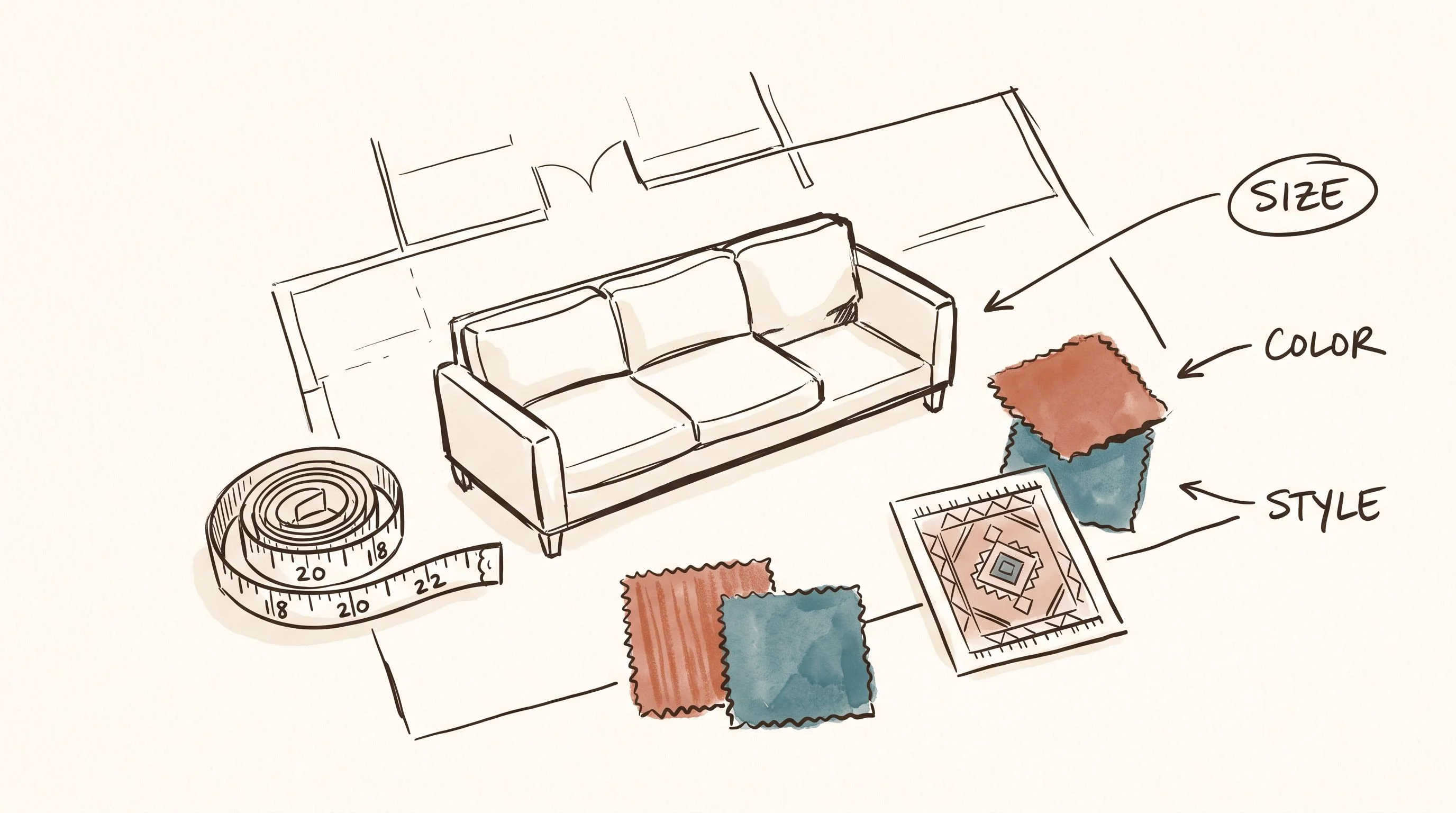 Editorial hand-drawn pen-and-ink illustration on warm cream paper (#FDFAF6), in the established Second Stream journal style: loose, confident dark brown lines (#2A2118), small areas of muted terracotta (#C4705A) and dusty teal (#3A7D8C) watercolor wash, imperfect and tactile like a high-end print magazine sketch. Composition: an overhead interior designer's worktable. In the center is a loose sketch of a cream sofa with one empty corner. Around it sit a cloth measuring tape marked 18, 20, and 22 inches, three warm fabric swatches, and a small reference card showing a geometric rug-inspired pattern. Handwritten marginal notes point first to SIZE, then COLOR, then STYLE, with size visibly circled. Generous negative space, no photorealism, no polished digital vectors, no gradients, no 3D, no UI cards. Horizontal 16:9 composition.