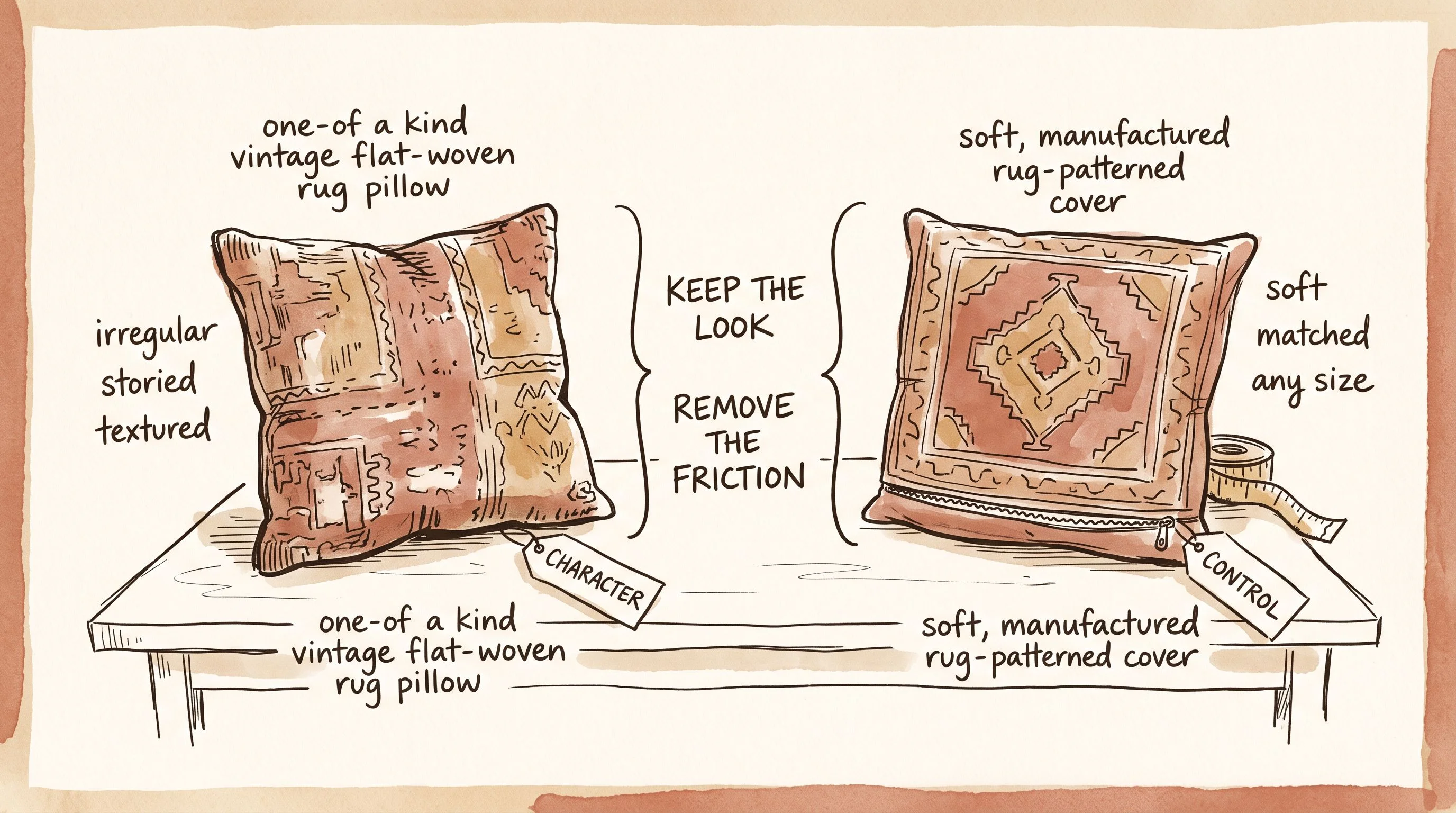Editorial hand-drawn pen-and-ink illustration on warm cream paper (#FDFAF6), matching the established Second Stream journal aesthetic: loose dark brown ink (#2A2118), restrained muted terracotta (#C4705A) and ochre watercolor washes, visibly imperfect lines, warm magazine marginalia. Composition: two pillows lying side by side on a sketched worktable. On the left, a one-of-a-kind vintage flat-woven rug pillow with a small handwritten tag reading CHARACTER and nearby notes: irregular, storied, textured. On the right, a soft rug-patterned pillow cover with a zipper and measuring tape, tagged CONTROL with notes: soft, matched, any size. Between them, a loose hand-drawn brace connects the words KEEP THE LOOK and REMOVE THE FRICTION. The scene should feel observant and editorial, not like a marketing infographic. No photorealism, no flat vector graphics, no gradients, no 3D. Horizontal 16:9 composition.