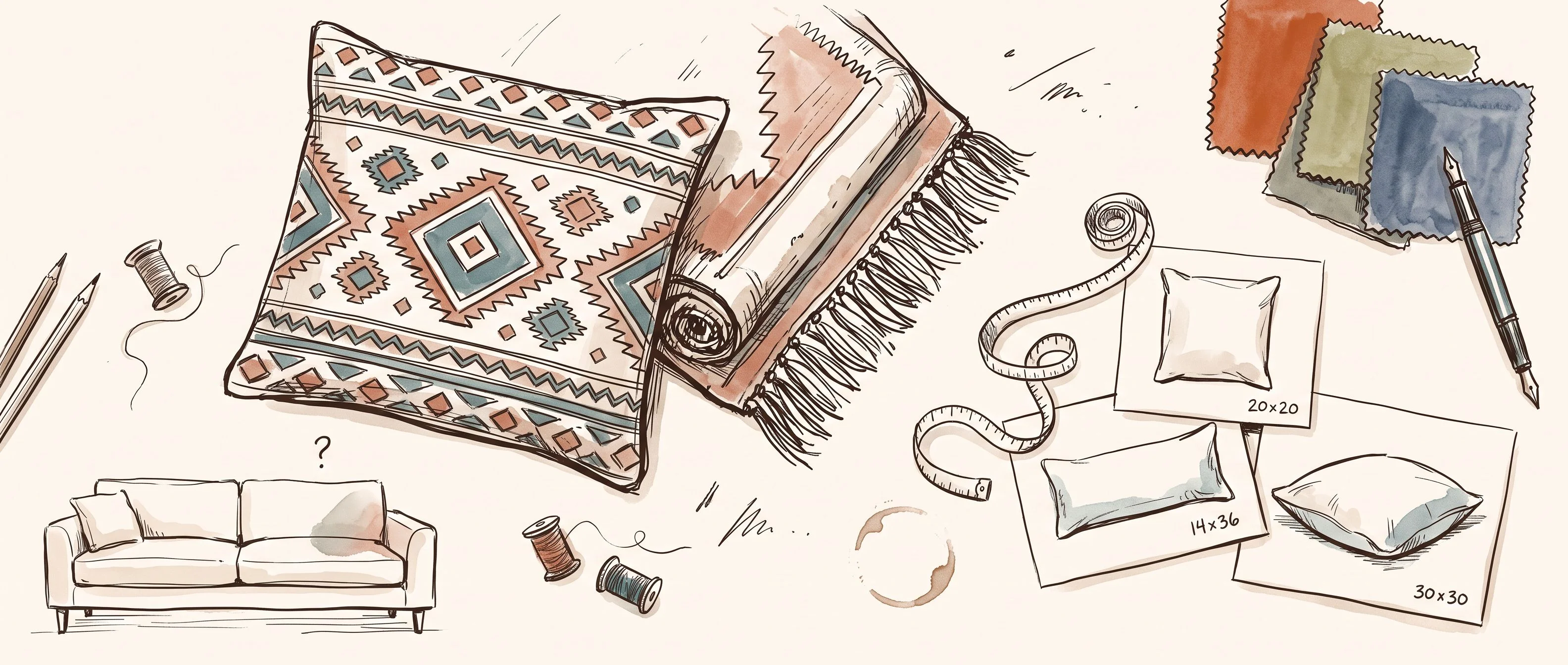 Editorial hand-drawn pen and ink feature illustration on warm cream paper (#FDFAF6 background), filling the full 21:9 cinematic frame edge to edge. Loose, confident dark brown ink lines (#2A2118) with soft muted terracotta (#C4705A) and dusty teal (#3A7D8C) watercolor-wash accents distributed across the composition. Imperfect, warm, hand-sketched journal illustration style, like the wide opening spread of a high-end print magazine. Composition: a generous overhead flat-lay of a textile designer's worktable spanning the entire frame. Centred slightly left, a large sketched throw pillow covered in a geometric Turkish rug pattern of diamonds and zigzag bands, its motifs touched with terracotta and teal wash. Beside it lies a rolled corner of a worn flat-woven kilim rug, its fringe drawn in loose ink strokes. To the right, a cloth measuring tape curls across three postcard-sized sketches of pillow shapes: a square, a long lumbar, and an oversized floor cushion, each with a tiny handwritten size label. Upper right, a small stack of fabric swatches in burnt orange, faded olive, and washed indigo with a fountain pen resting diagonally beside them. Lower left, a loose ink sketch of a cream sofa with one corner conspicuously empty, a small handwritten question mark floating above the gap. Scattered between elements: a coffee ring shadow and a few loose thread spools. All composition elements distributed across the full width of the frame, spread like a working desk mid-process. No photorealism, no digital gradients beyond the watercolor washes, no flat digital design, no text other than tiny handwritten labels. Cinematic horizontal 21:9 composition with strong edge-to-edge flow, generous but not empty negative space, and visible hand-drawn ink texture throughout.