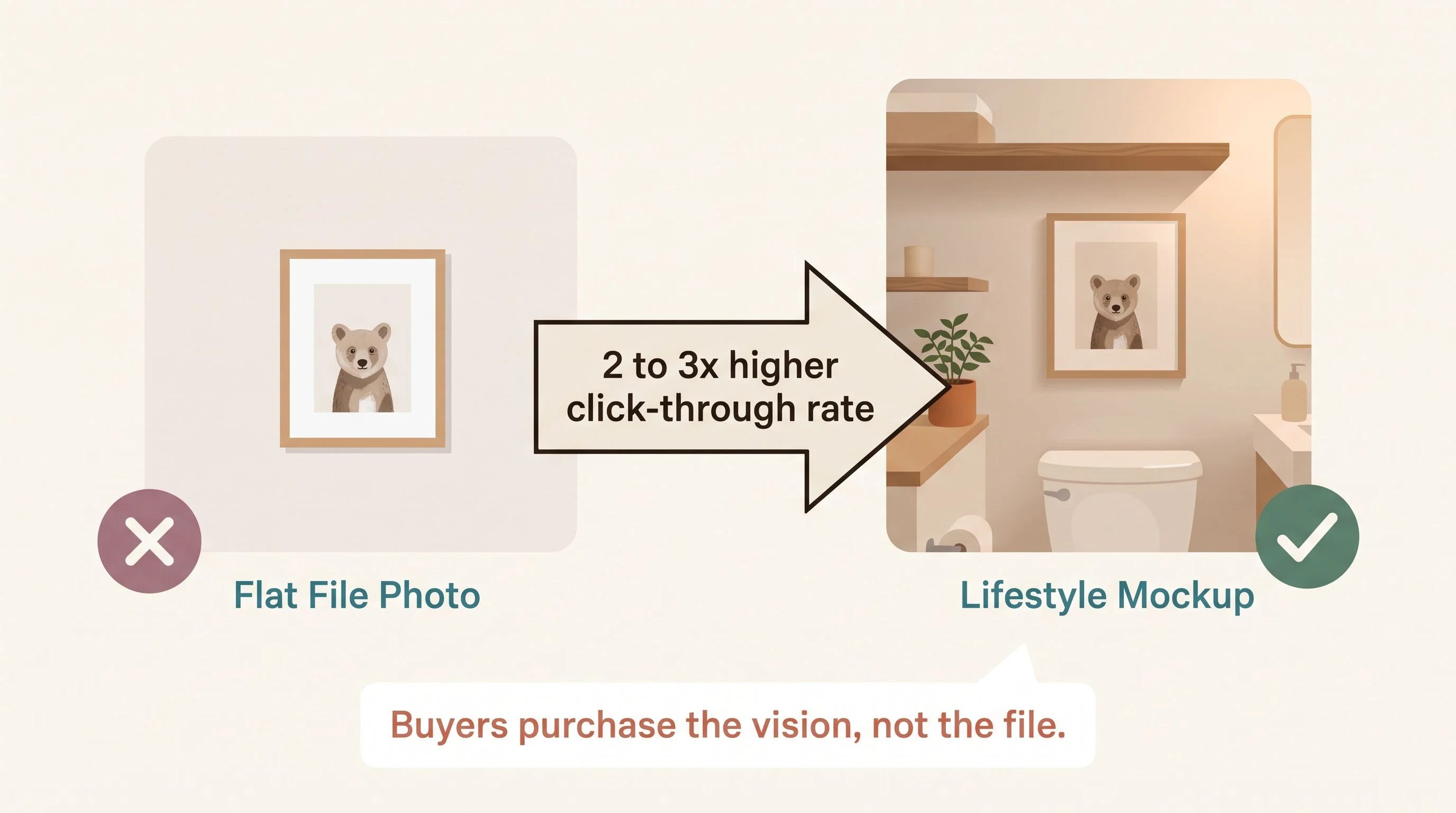 Listing quality gap — A side-by-side comparison on a warm cream background. On the left, a simple flat image of a small framed animal art print on a plain background with a muted mauve X icon and the label Flat File Photo. On the right, the same art shown in a styled bathroom mockup above a toilet with a wood shelf, a small plant, and warm soft lighting, with a deep sage green checkmark icon and the label Lifestyle Mockup. An annotation arrow between them reads 2 to 3x higher click-through rate. Below, a callout box reads Buyers purchase the vision, not the file. Teal (#3A7D8C) for key labels, espresso (#2A2118) for text, terracotta (#C4705A) for the callout annotation, cream background (#FDFBF7), flat design infographic, no gradients, rounded shapes, generous whitespace, editorial print magazine quality.