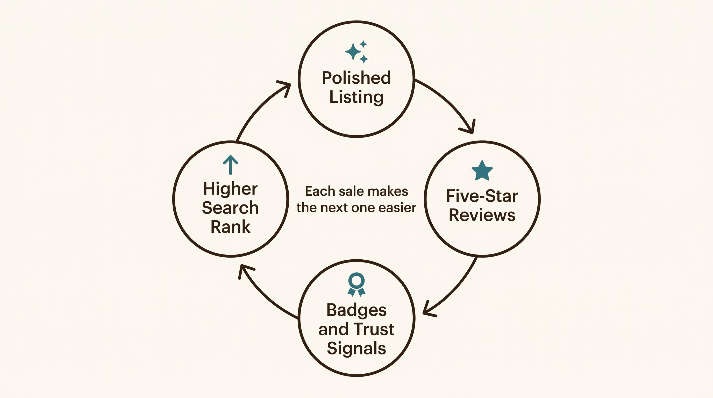 Etsy momentum loop diagram — A circular loop on a warm neutral background with exactly four circular stages arranged in a ring, connected by curved arrows flowing clockwise. The top circle reads Polished Listing with a small sparkle icon. The right circle reads Five-Star Reviews with a small star icon. The bottom circle reads Badges and Trust Signals with a small ribbon icon. The left circle reads Higher Search Rank with a small upward arrow icon. In the open center of the ring, one line of text reads Each sale makes the next one easier. CRITICAL: the image contains only those five pieces of text and nothing else. No side annotations, no callout labels, no captions, no marginal notes, no numbers, no statistics. Do not render any color names, hex codes, or style instructions as visible text. Cream background (#FDFBF7), teal (#3A7D8C) for the stage icons, espresso (#2A2118) for all lettering, flat design infographic, no gradients, no 3D, rounded shapes, generous whitespace, editorial print magazine quality, clean sans-serif lettering, correctly spelled English words only.