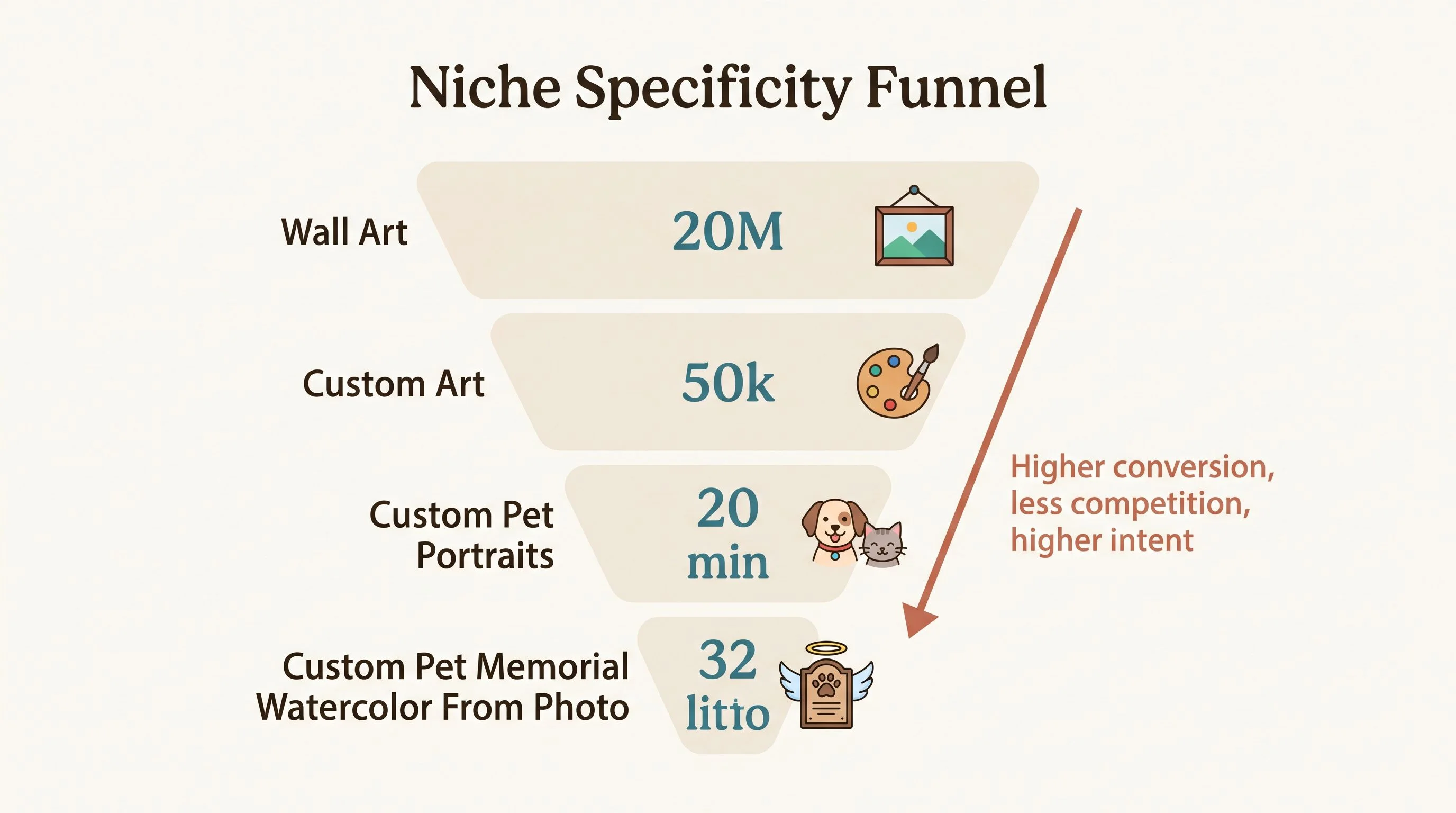 Niche specificity funnel — A vertical funnel diagram on a warm neutral background. The wide top of the funnel is labeled Wall Art, the middle section is labeled Custom Art, the narrower section reads Custom Pet Portraits, and the bottom narrowest section reads Custom Pet Memorial Watercolor From Photo. Each level has a small icon next to it. An arrow on the right side points down and reads Higher conversion, less competition, higher intent. Cream background (#FDFBF7), teal (#3A7D8C) for key data, espresso (#2A2118) for text, terracotta (#C4705A) for callout annotations. Flat design, no gradients, no 3D, rounded shapes, generous whitespace, editorial print magazine quality, serif font for numbers, sans-serif for labels.