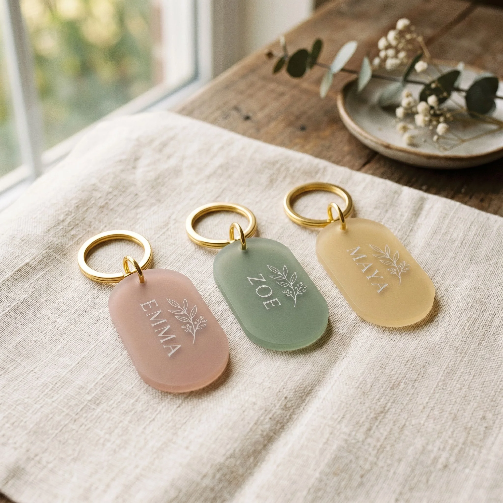 A product mockup photograph of three small acrylic keychains arranged on a warm cream linen surface in soft morning window light. Each keychain is a small rounded rectangle in a different gentle color — dusty blush, sage green, and pale gold. Each has a different first name laser-engraved in a delicate serif font: EMMA, ZOE, and MAYA. A fine botanical sprig — a small leaf cluster — is engraved beside each name. The keychains are small and jewellery-like, clearly gift-worthy. Warm editorial styling, shallow depth of field, slight analog film grain, muted desaturated tones. No people, styled as an Etsy listing mockup.