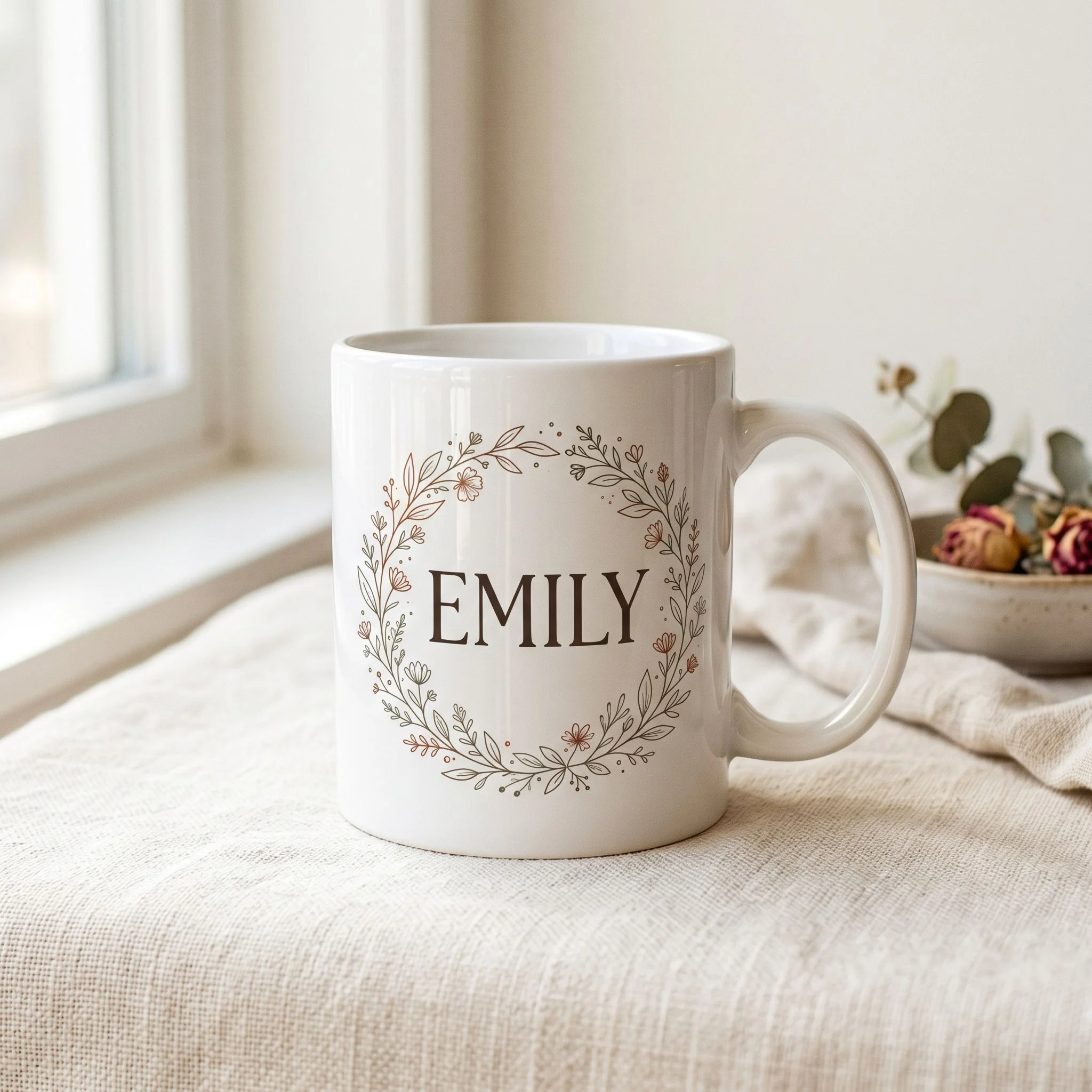 A product mockup photograph of a glossy white ceramic mug sitting on a warm cream linen surface in soft morning window light. The mug features elegant hand-lettered-style serif typography spelling a custom name EMILY in espresso brown, encircled by a delicate wreath of fine botanical line art — small flowers, thin leaves, minimal dots — in muted terracotta and dusty sage. The design is refined and gift-ready. Shallow depth of field, slight analog grain, warm tones, editorial minimalist style. Clean white background suggested behind the mug. No clutter. Styled for an Etsy product listing thumbnail.