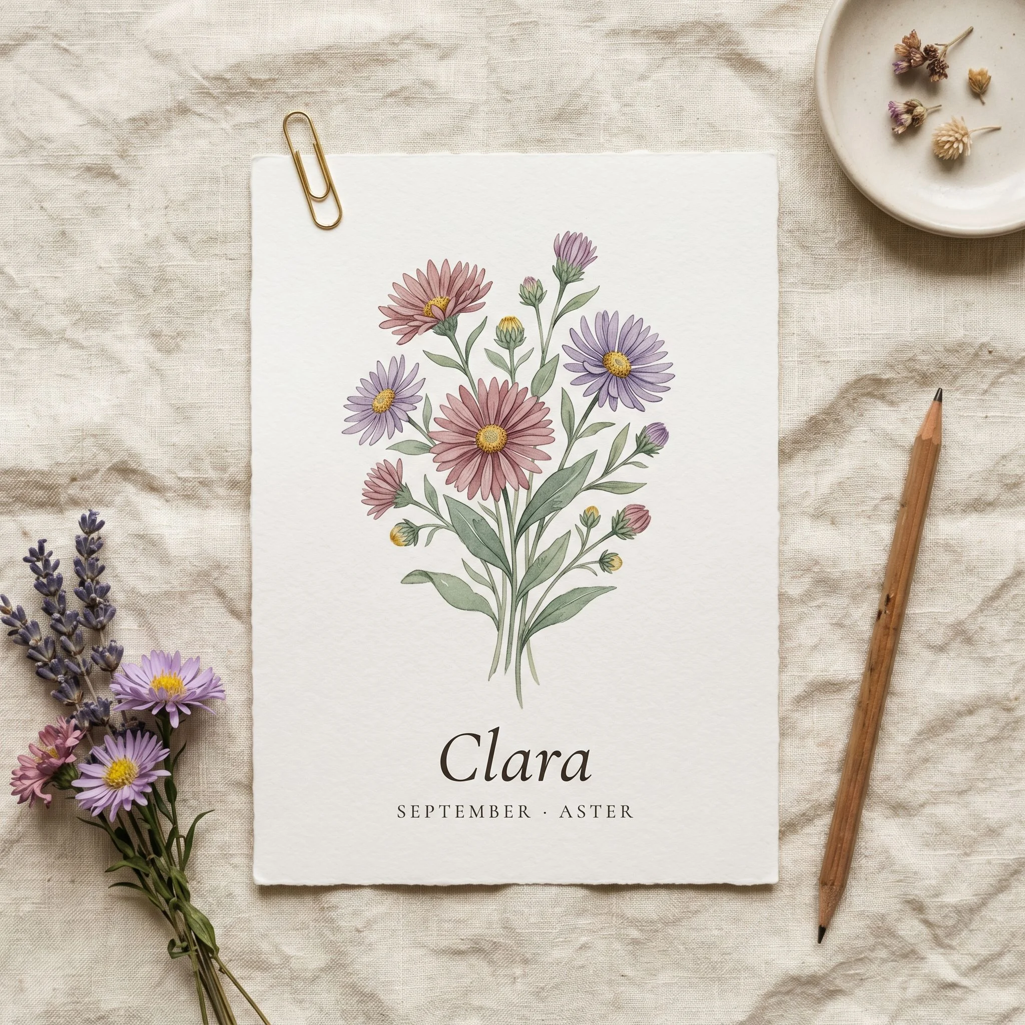 A product mockup photograph of a printed art print lying flat on a cream linen surface, softly lit from above. The print is on warm white fine art paper, A5 portrait orientation. The design features an elegant botanical illustration of the birth month flower for September — a delicate aster bloom in dusty rose and sage — with the name CLARA set beneath it in refined italic serif typography, and the words September · Aster in small spaced uppercase letters below. The overall aesthetic is botanical, heirloom, gift-ready. Editorial warmth, slight analog grain, shallow depth of field. Styled as an Etsy listing mockup.