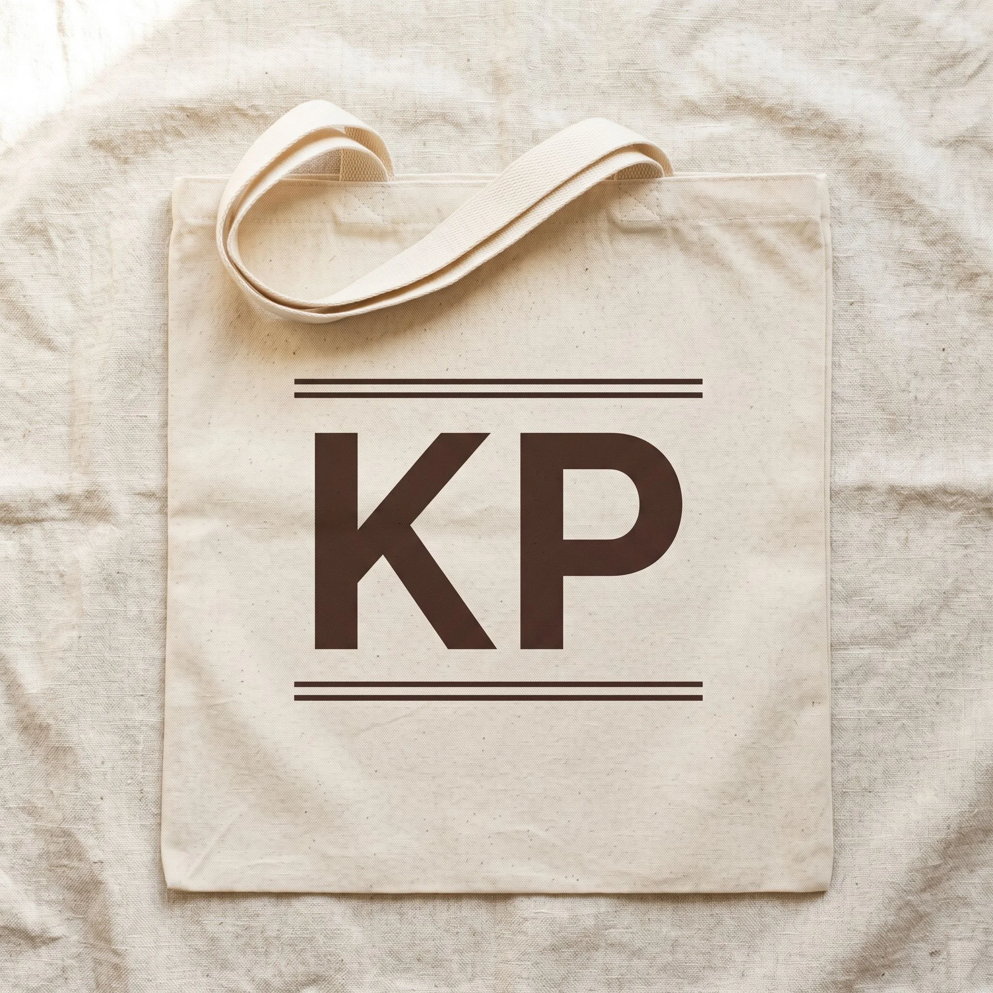 A product mockup photograph of a natural canvas tote bag lying flat on a cream linen surface, softly lit from above and to the left. The bag features a bold, clean monogram KP in confident espresso-brown block lettering centered on the canvas, with two fine parallel lines above and below for structure. The design is modern, minimal, and gift-worthy. Warm editorial flatlay, shallow depth of field, analog film grain, muted earth tones. Styled for an Etsy product thumbnail. No people, no clutter.