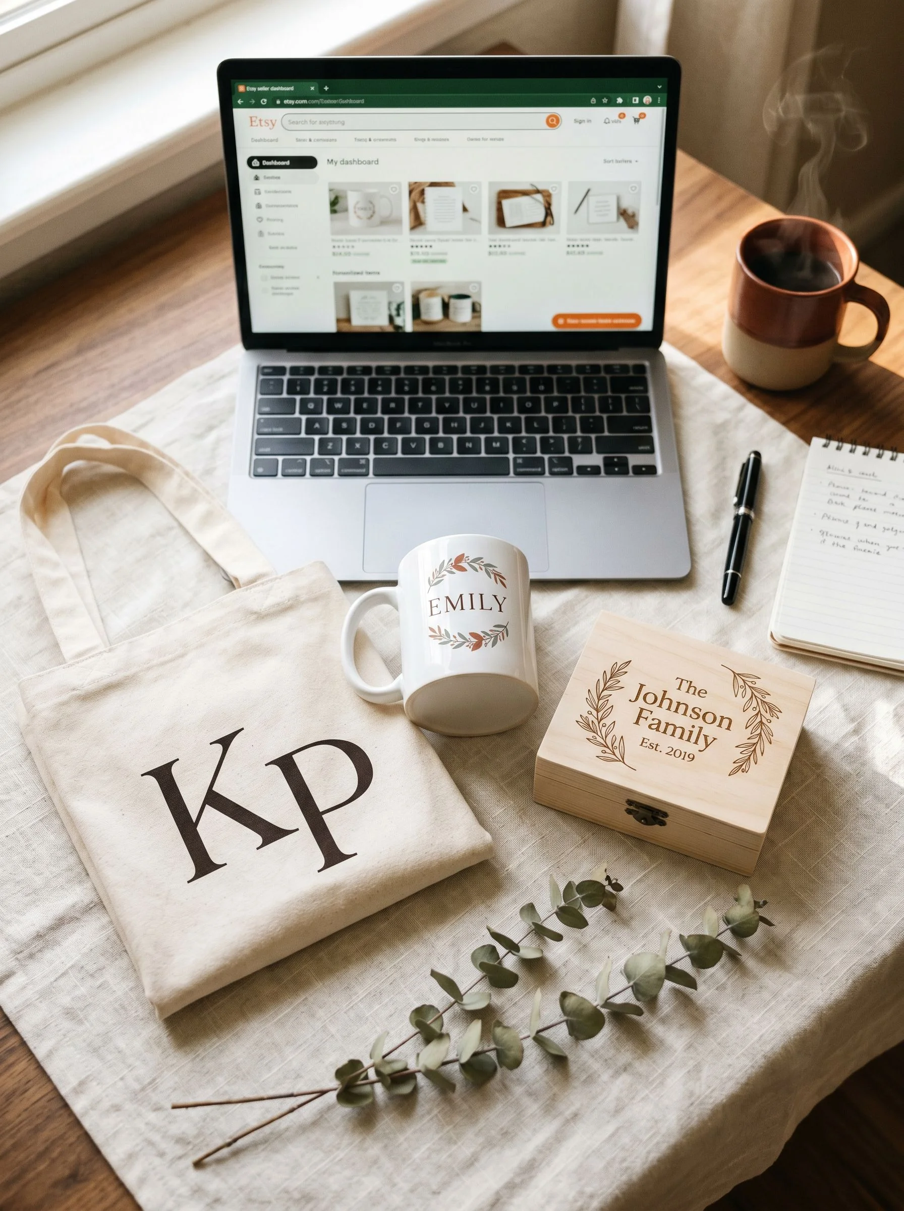 Editorial warm overhead flat-lay photograph on a cream-linen-covered wooden desk. Centre of frame: three finished personalized products displayed together with generous negative space — a glossy white ceramic mug with a delicate serif name 'EMILY' and a small botanical wreath in terracotta and sage, a cream canvas tote bag folded neatly beside it with a bold minimal monogram 'KP' screen-printed in espresso, and a small pale wooden keepsake box with 'The Johnson Family Est. 2019' laser-engraved in an elegant serif with a fine botanical border. A slim open laptop at the upper portion of the frame, screen angled toward the viewer, showing a blurred but recognizable Etsy seller dashboard — Etsy-green navigation bar, listing thumbnails, and a small sales notification badge — all intentionally soft-focus so no text is legible. Beside the products: a warm ceramic coffee mug with gentle steam curling upward in the upper right corner, a fountain pen resting at a relaxed angle, a small spiral notebook open to a page of handwritten notes (illegible), a sprig of dried eucalyptus laid diagonally across the lower edge of the frame. Warm morning window light falling diagonally from upper left. Editorial Kinfolk magazine photography, warm natural window light, shallow depth of field, slight analog film grain, muted desaturated earth tones, cream and espresso colour palette with terracotta and sage green accents, soft directional shadows, tactile and intimate, not glossy, not retouched, editorial — not stock. No people in frame. Vertical 3:4 composition with generous negative space at top.