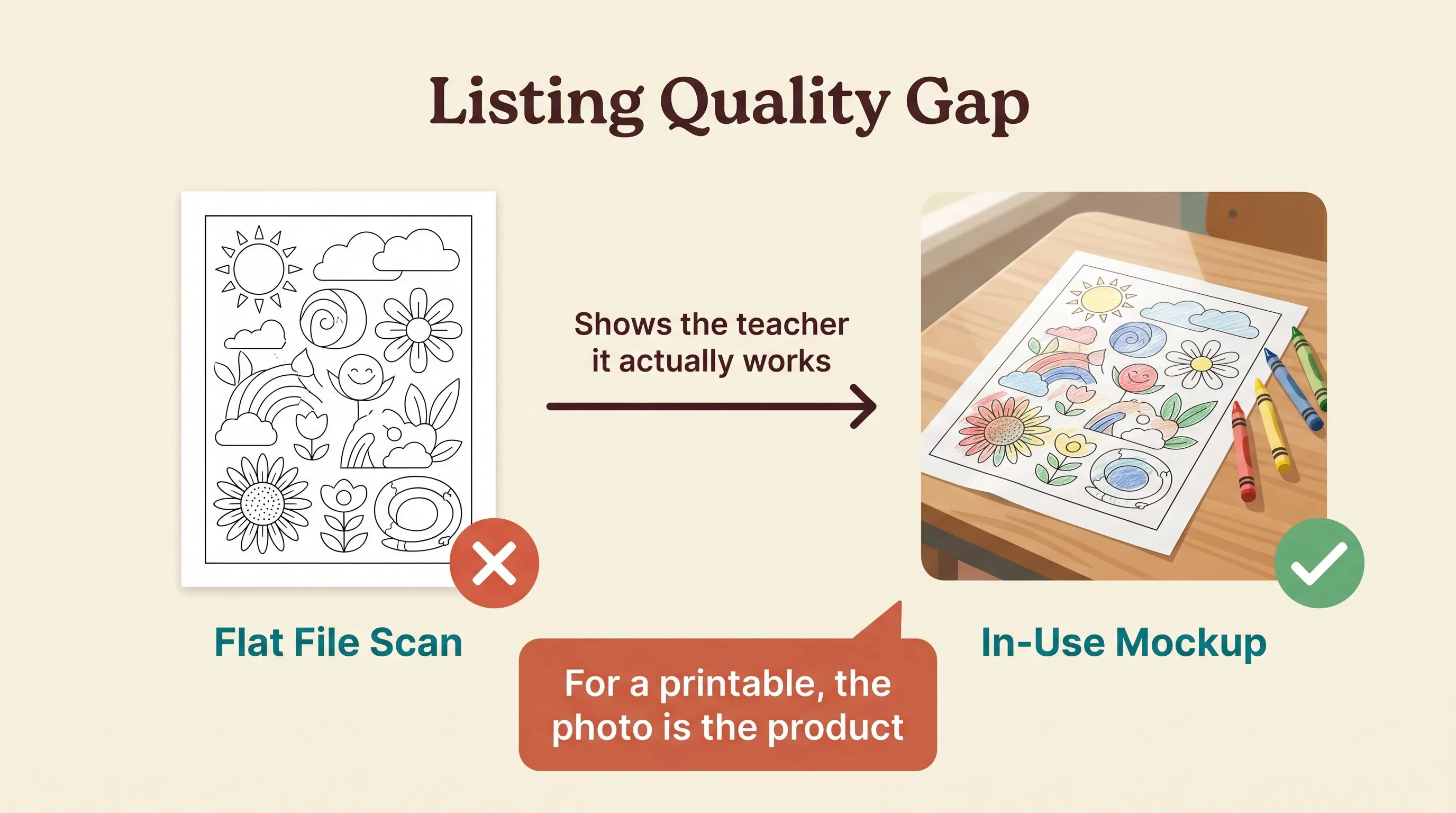 Listing quality gap — A side-by-side comparison on a warm cream background. On the left, a plain flat scan of a black-and-white coloring page on a white background with a red X icon and the label Flat File Scan. On the right, the same coloring page printed on a wooden classroom table, partly filled in with a few crayons scattered beside it in soft natural light, with a green checkmark icon and the label In-Use Mockup. An arrow between them reads Shows the teacher it actually works. A callout box below reads For a printable, the photo is the product. Teal for the checkmark and key labels, espresso for text, terracotta for the callout. Cream background, flat design, no gradients, rounded shapes, generous whitespace, editorial print magazine quality.