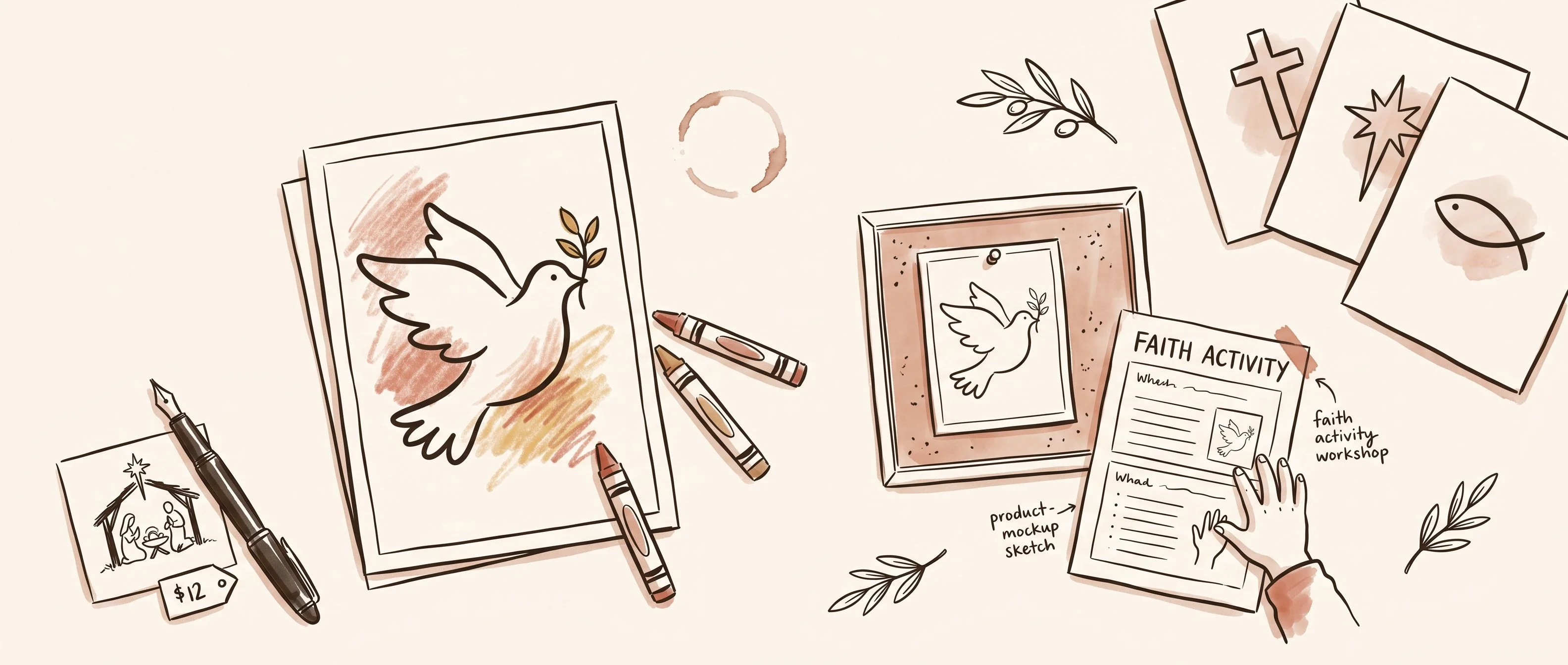 Editorial hand-drawn pen and ink feature illustration on warm cream paper (#FDFAF6 background), filling the full 21:9 cinematic frame edge to edge. Loose, confident dark brown ink lines (#2A2118) with multiple soft muted terracotta (#C4705A) watercolor-wash accents distributed across the composition. Imperfect, warm, hand-sketched journal illustration style — like the wide opening spread of a high-end print magazine. Composition: a generous overhead desk flat-lay spanning the entire frame, a Sunday School teacher's worktable mid-planning. Centred slightly left, a black-and-white children's faith coloring page rests on the cream paper — a simple thick-line drawing of a dove with a small olive branch, partly colored in with loose terracotta and ochre crayon washes. A scatter of stubby crayons lies beside it, two of them drawn with terracotta wash tips. To the right, two small product-mockup sketches laid out loosely: the same coloring page shown printed and pinned to a classroom corkboard, and a second faith activity worksheet held by a small child's hand, each touched lightly with terracotta accents and a tiny handwritten label. In the lower left, a fountain pen rests diagonally beside a tiny ink sketch of a nativity scene and a small price tag with a low number. Upper right corner: a loose stack of three more printable pages fanned out, each with a single ink symbol — a simple cross, a star, a fish — and a faint terracotta wash. Scattered between elements: a small coffee ring shadow and two loose ink sketches of single olive sprigs. All composition elements distributed across the full width of the frame, spread like a working desk mid-process. No photorealism, no digital gradients beyond the terracotta washes, no flat digital design, no text other than tiny handwritten labels near the mockups. Cinematic horizontal 21:9 composition with strong edge-to-edge flow, generous but not empty negative space, and visible hand-drawn ink texture throughout.