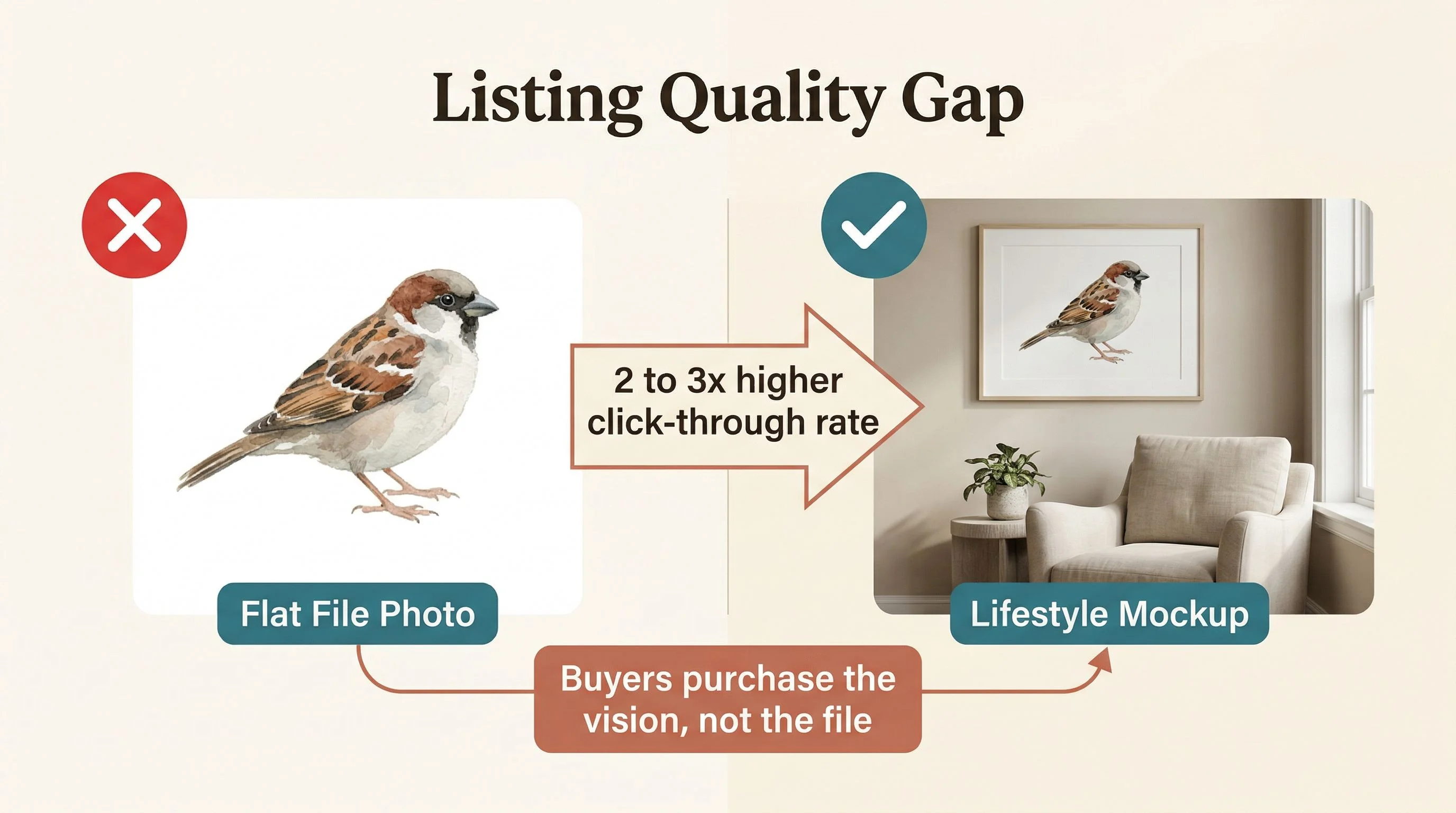 Listing quality gap — A side-by-side comparison on a warm cream background. On the left, a simple flat image of a watercolor sparrow painting on a plain white background with a red X icon and the label Flat File Photo. On the right, the same watercolor sparrow art shown in a styled living room mockup: a framed print on a warm neutral wall beside a linen armchair with a small plant on a side table, soft natural light from a window, with a green checkmark icon and the label Lifestyle Mockup. An annotation arrow between them reads 2 to 3x higher click-through rate. Below, a callout box reads Buyers purchase the vision, not the file. Teal (#3A7D8C) for the checkmark and key labels, espresso (#2A2118) for text, terracotta (#C4705A) for the callout annotation. Cream background (#FDFBF7). Flat design, no gradients, rounded shapes, generous whitespace, editorial print magazine quality.