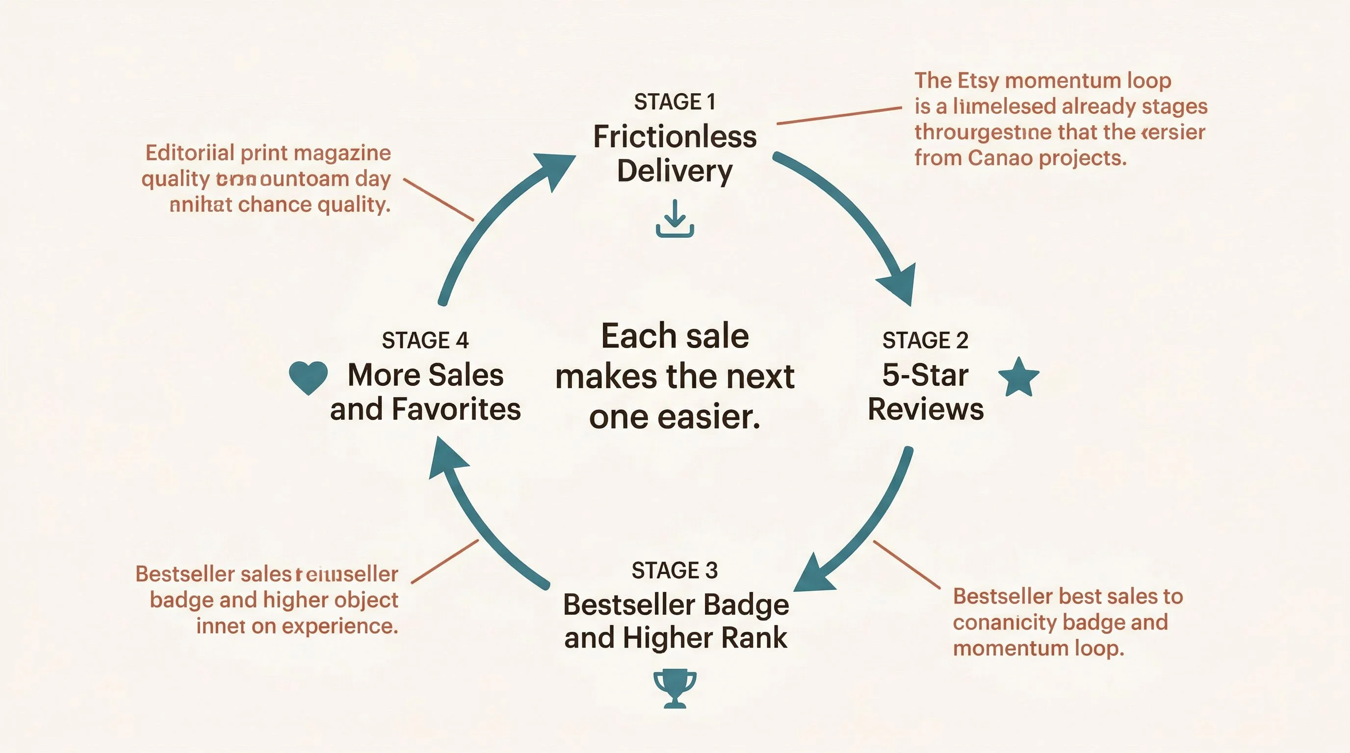 Etsy momentum loop diagram — A circular loop on a warm neutral background with four connected stages flowing clockwise. Stage 1 is labeled Frictionless Delivery with a small download icon. Stage 2 is labeled 5-Star Reviews with a small star icon. Stage 3 is labeled Bestseller Badge and Higher Rank with a small trophy icon. Stage 4 is labeled More Sales and Favorites with a small heart icon. In the center of the loop, the text reads Each sale makes the next one easier. Curved arrows connect each stage to the next. Cream background (#FDFBF7), teal (#3A7D8C) for key data, espresso (#2A2118) for text, terracotta (#C4705A) for callout annotations. Flat design, no gradients, no 3D, rounded shapes, generous whitespace, editorial print magazine quality, serif font for numbers, sans-serif for labels.