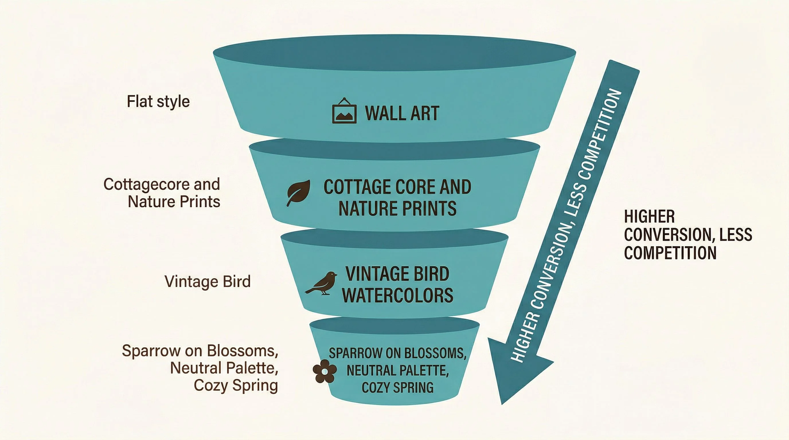 Niche specificity funnel — A vertical funnel diagram on a warm neutral background. The wide top of the funnel is labeled Wall Art with a small frame icon. The middle section is labeled Cottagecore and Nature Prints with a leaf icon. The narrower section reads Vintage Bird Watercolors with a bird icon. The bottom narrowest section reads Sparrow on Blossoms, Neutral Palette, Cozy Spring with a flower icon. Each level gets progressively more specific. An arrow on the right side points down and reads Higher conversion, less competition. Cream background (#FDFBF7), teal (#3A7D8C) for key data, espresso (#2A2118) for text, terracotta (#C4705A) for callout annotations. Flat design, no gradients, no 3D, rounded shapes, generous whitespace, editorial print magazine quality, serif font for numbers, sans-serif for labels.