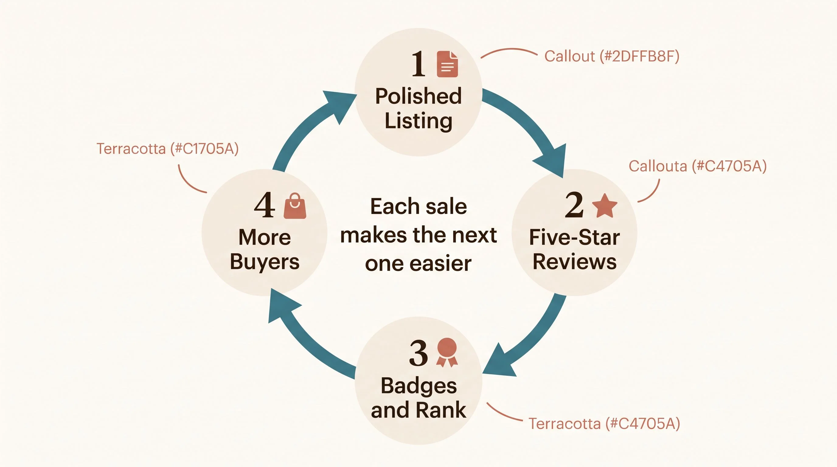 Etsy momentum loop diagram — A circular loop on a warm neutral background with four connected stages flowing clockwise. Stage 1 is labeled Polished Listing with a small document icon. Stage 2 is labeled Five-Star Reviews with a small star icon. Stage 3 is labeled Badges and Rank with a small ribbon icon. Stage 4 is labeled More Buyers with a small shopping bag icon. In the center of the loop, the text reads Each sale makes the next one easier. Curved arrows connect each stage to the next. Cream background (#FDFBF7), teal (#3A7D8C) for key data, espresso (#2A2118) for text, terracotta (#C4705A) for callout annotations. Flat design, no gradients, no 3D, rounded shapes, generous whitespace, editorial print magazine quality, serif font for numbers, sans-serif for labels.