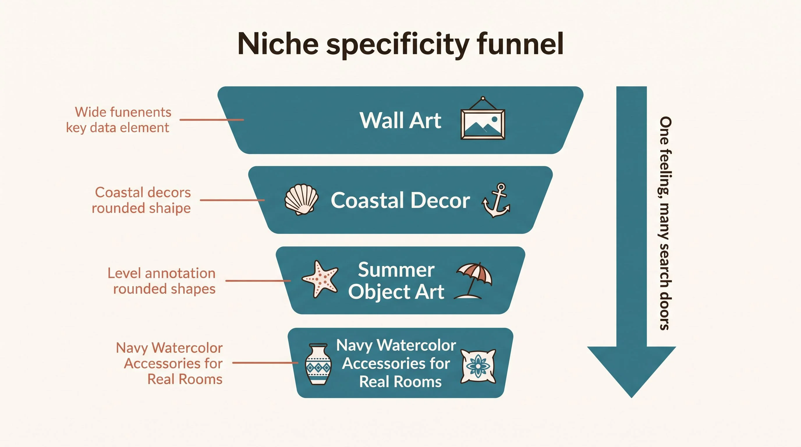 Niche specificity funnel — A vertical funnel diagram on a warm neutral background. The wide top of the funnel is labeled Wall Art, the next section is labeled Coastal Decor, the narrower section reads Summer Object Art, and the bottom narrowest section reads Navy Watercolor Accessories for Real Rooms. Each level has a small icon next to it. An arrow on the right side points down and reads One feeling, many search doors. Cream background (#FDFBF7), teal (#3A7D8C) for key data, espresso (#2A2118) for text, terracotta (#C4705A) for callout annotations. Flat design, no gradients, no 3D, rounded shapes, generous whitespace, editorial print magazine quality, serif font for numbers, sans-serif for labels.