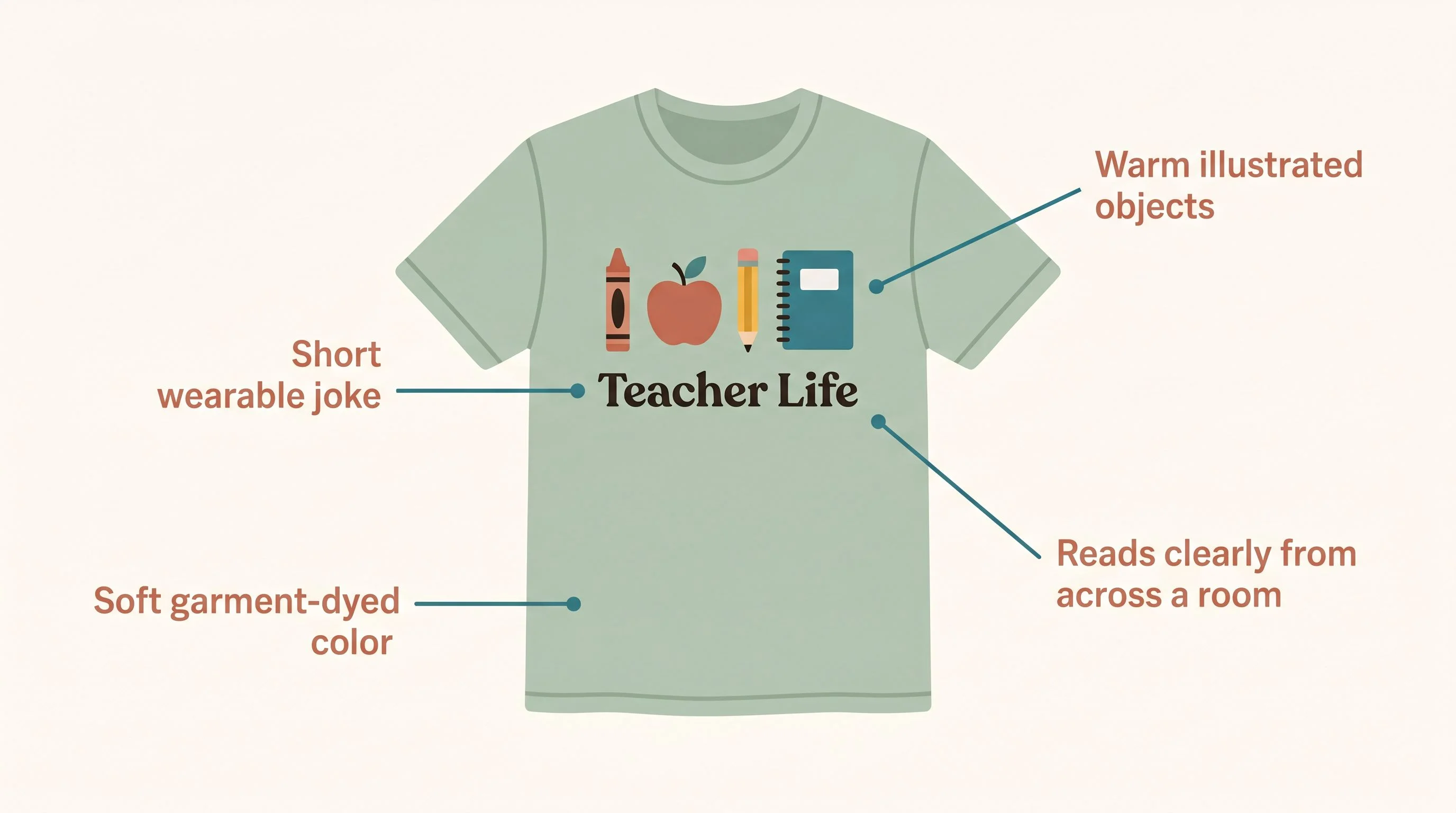 Winning teacher shirt design anatomy — A large flat illustration of a single garment-dyed t-shirt in a soft sage tone centered on a warm cream background, with a simple row of school objects on the chest: a crayon, an apple, a pencil, and a notebook, above short playful text reading Teacher Life. Four annotation callouts point to parts of the shirt with labels: Short wearable joke pointing to the text, Warm illustrated objects pointing to the icons, Soft garment-dyed color pointing to the fabric, and Reads clearly from across a room pointing to the whole chest area. Cream background (#FDFBF7), teal (#3A7D8C) for callout lines, espresso (#2A2118) for text, terracotta (#C4705A) for annotation labels. Flat design, no gradients, rounded shapes, generous whitespace, editorial print magazine quality, sans-serif labels.