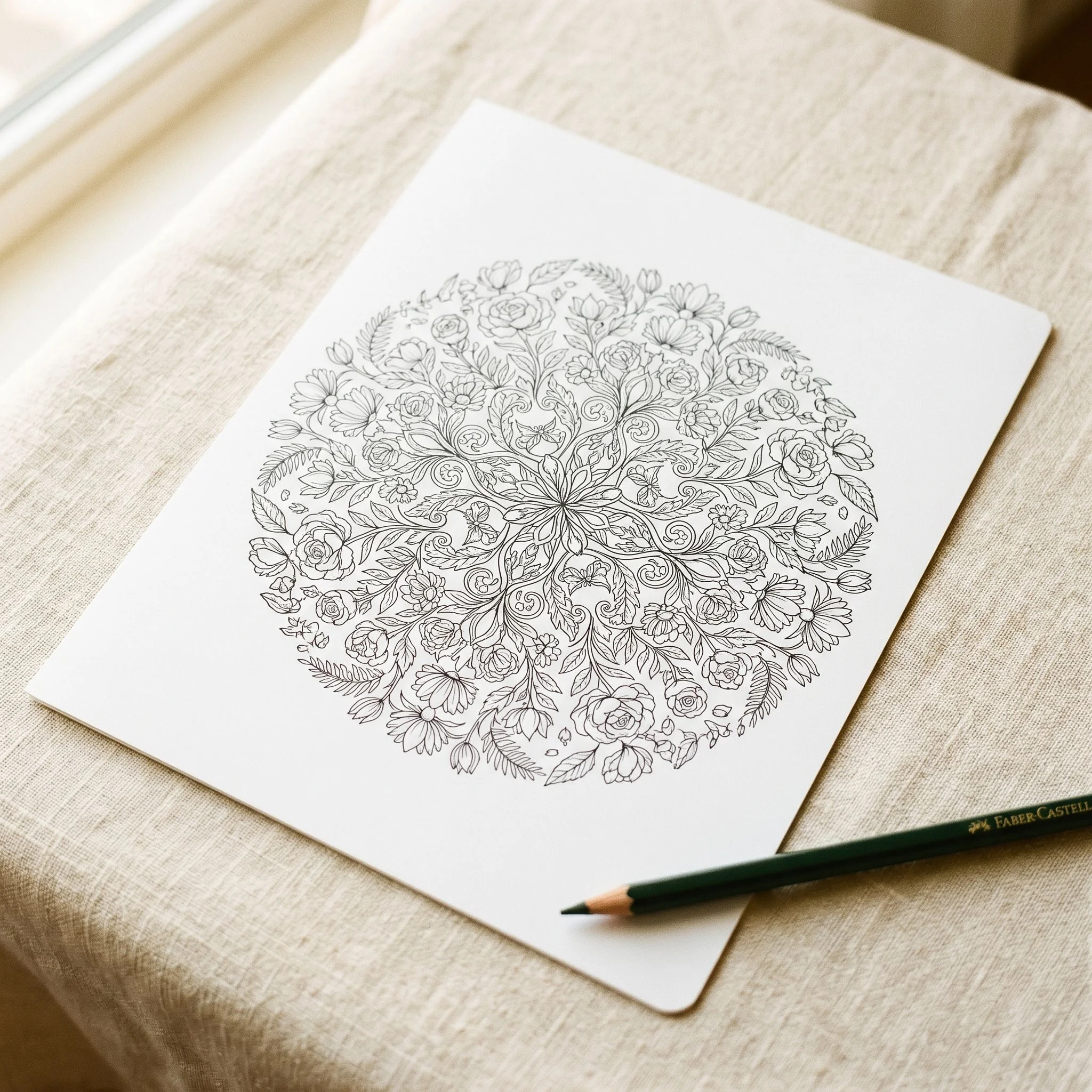 A product mockup photograph of a single coloring book page lying flat on a warm cream linen surface in soft morning window light. The page features an intricate botanical mandala design — delicate flowers, fine leaves, and elegant vines arranged in a circular pattern with fine precise black line art on bright white paper. The design has clean white space inside the lines, clearly print-ready and detailed enough for adult coloring. A fine-tip colored pencil rests at the lower edge of the page. Editorial flatlay photography, warm tones, shallow depth of field, slight analog film grain. Styled as an Etsy digital product listing mockup. No people, no clutter.