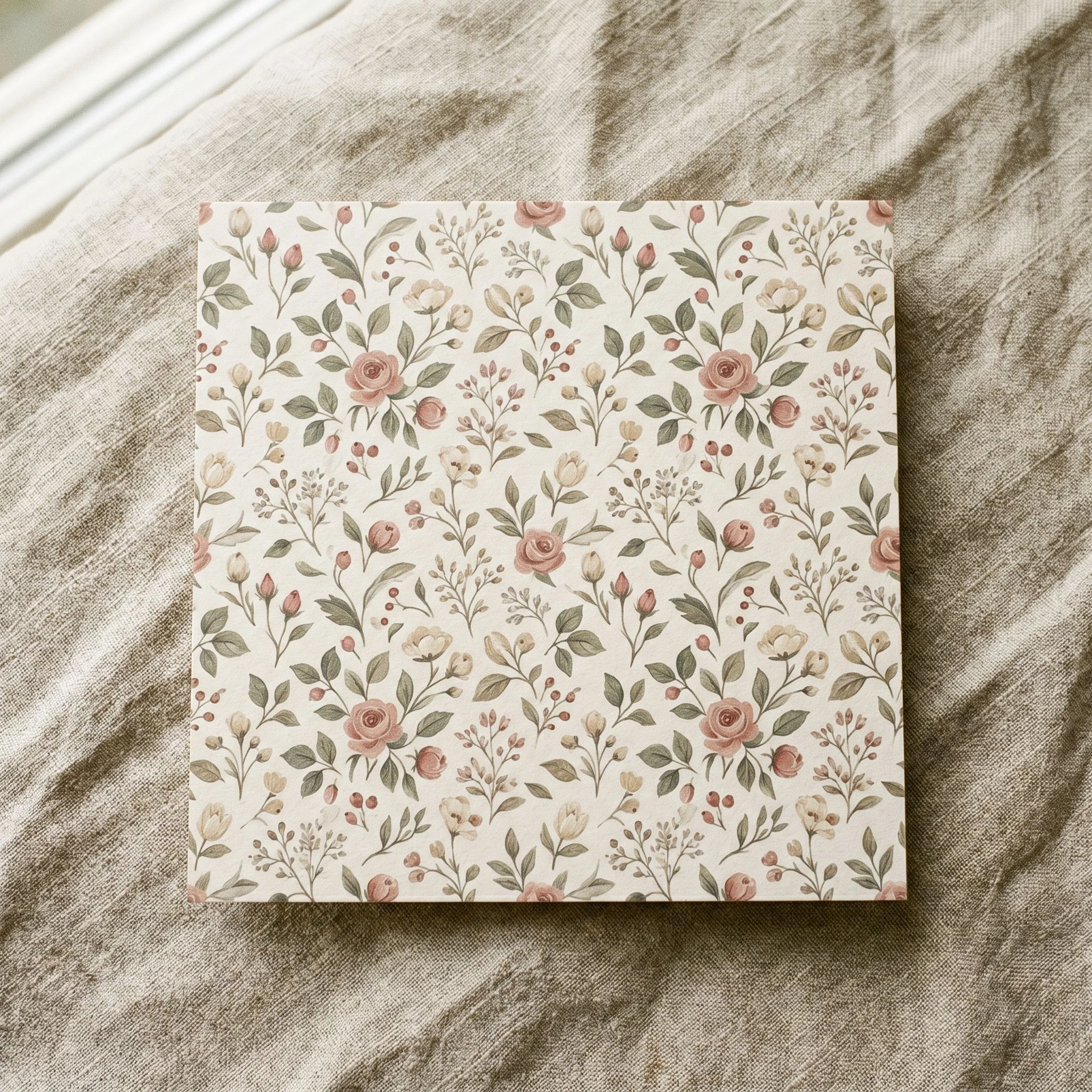 A product mockup photograph showing a printed seamless pattern tile on warm cream art paper, lying flat on a linen surface, softly lit from above and to the left. The pattern features a refined botanical repeat — small delicate florals and fine leaf clusters in dusty rose, sage green, and warm ivory, arranged in an elegant small-scale repeat. The corners of the tile are visible, clearly showing the seamless nature of the design. Overall aesthetic is gift-wrap and surface design quality. Editorial flatlay, soft window light, warm muted tones, slight analog grain. Styled as an Etsy digital download listing mockup.