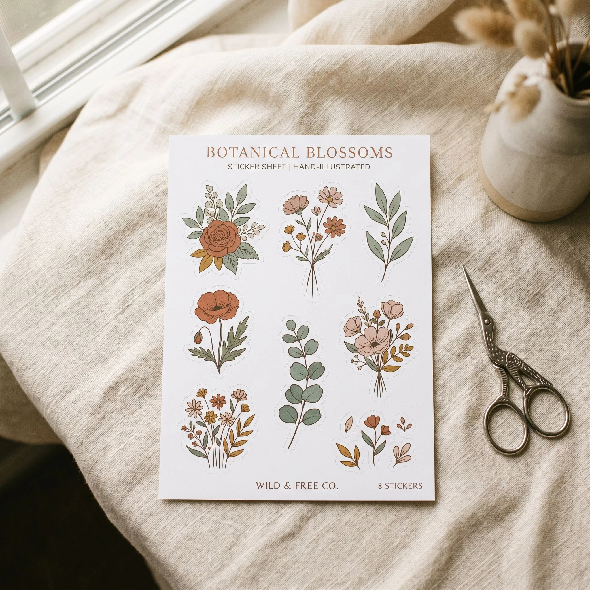 A product mockup photograph of a printed sticker sheet lying flat on a cream linen surface in soft morning light. The sheet features eight coordinated botanical sticker designs — individual flowers, leaf sprigs, and small floral elements arranged neatly on glossy white sticker paper, each with a clean white die-cut border. The designs are cohesive in style — muted terracotta, sage, and dusty blush palette on white. A small pair of scissors rests beside the sheet at a casual angle. Editorial flatlay, warm earth tones, slight analog film grain. Styled as an Etsy listing product mockup. No people.