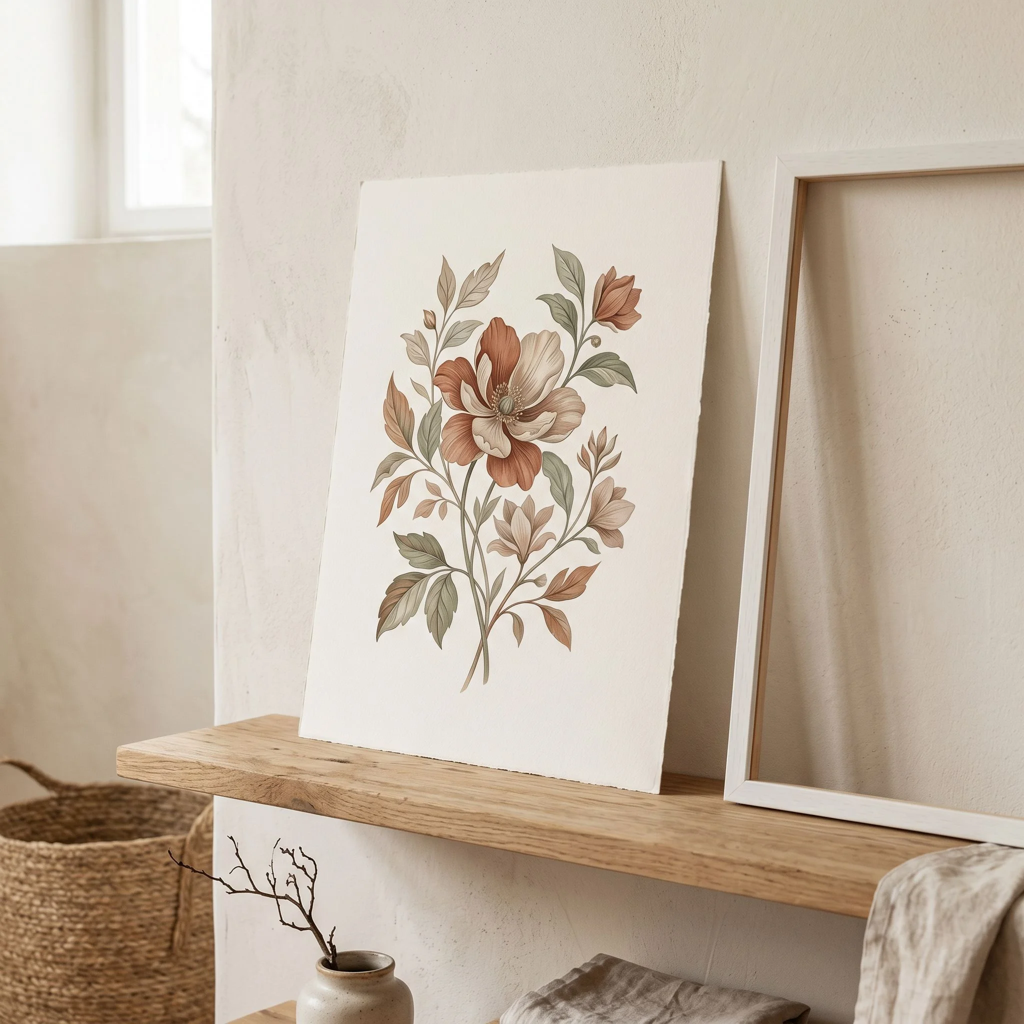 A product mockup photograph of a fine art print propped casually against a warm white wall, leaning at a slight angle with generous negative space. The print is on warm white cotton rag paper, portrait orientation, featuring an elegant large-scale botanical illustration — a statement flower with detailed leaf work in muted terracotta and sage ink on cream ground, with generous breathing space. A narrow white frame leans beside it. The overall aesthetic is gallery-quality and gift-ready. Warm editorial photography, soft window light from the upper left, slight analog grain, muted earth tones. Styled as an Etsy art print listing mockup. No people.