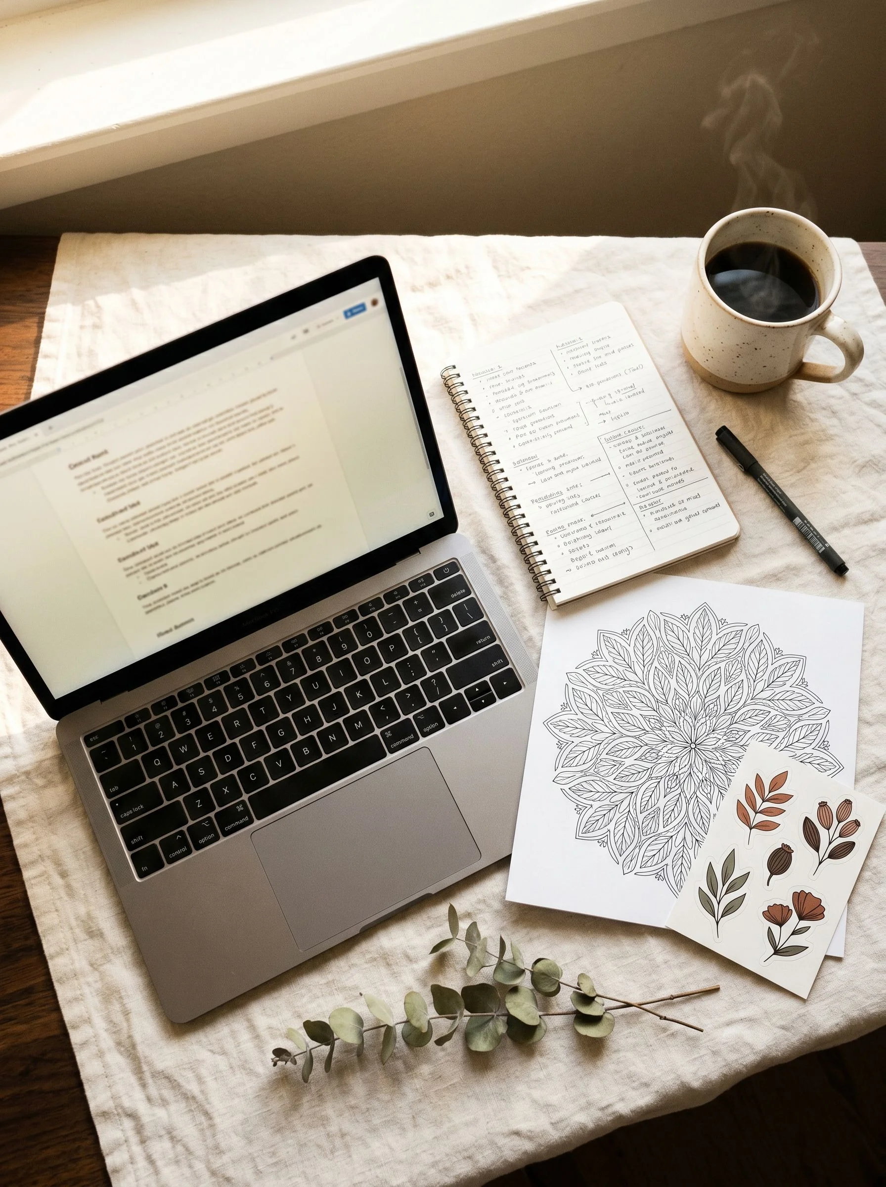 Editorial warm overhead flat-lay photograph on a cream linen-covered wooden desk. Centre of frame: a slim open MacBook with its screen angled toward the viewer — the screen shows a clean structured text document with a visible five-section prompt in monospace font, clearly formatted with labeled sections but intentionally soft-focus and illegible. Beside the laptop: a printed coloring book page with an intricate botanical mandala in fine black line art on bright white paper, crisp and listing-ready. Next to that, a small printed sticker sheet of four coordinated botanical sticker designs on glossy white paper with clean die-cut white borders, muted terracotta and sage palette. A slim spiral notebook open to a page of organized handwritten prompt notes — structured with clear sections, illegible at reading distance. A warm ceramic coffee mug with gentle steam in the upper right corner, a fine-tip pen resting at a relaxed diagonal angle, and a sprig of dried eucalyptus laid across the lower edge of the frame. Warm morning window light falling diagonally from upper left. Editorial Kinfolk magazine photography, warm natural window light, shallow depth of field, slight analog film grain, muted desaturated earth tones, cream and espresso colour palette with terracotta and sage green accents, soft directional shadows, tactile and intimate, not glossy, not retouched. No people in frame. Vertical 3:4 composition with generous negative space at top.