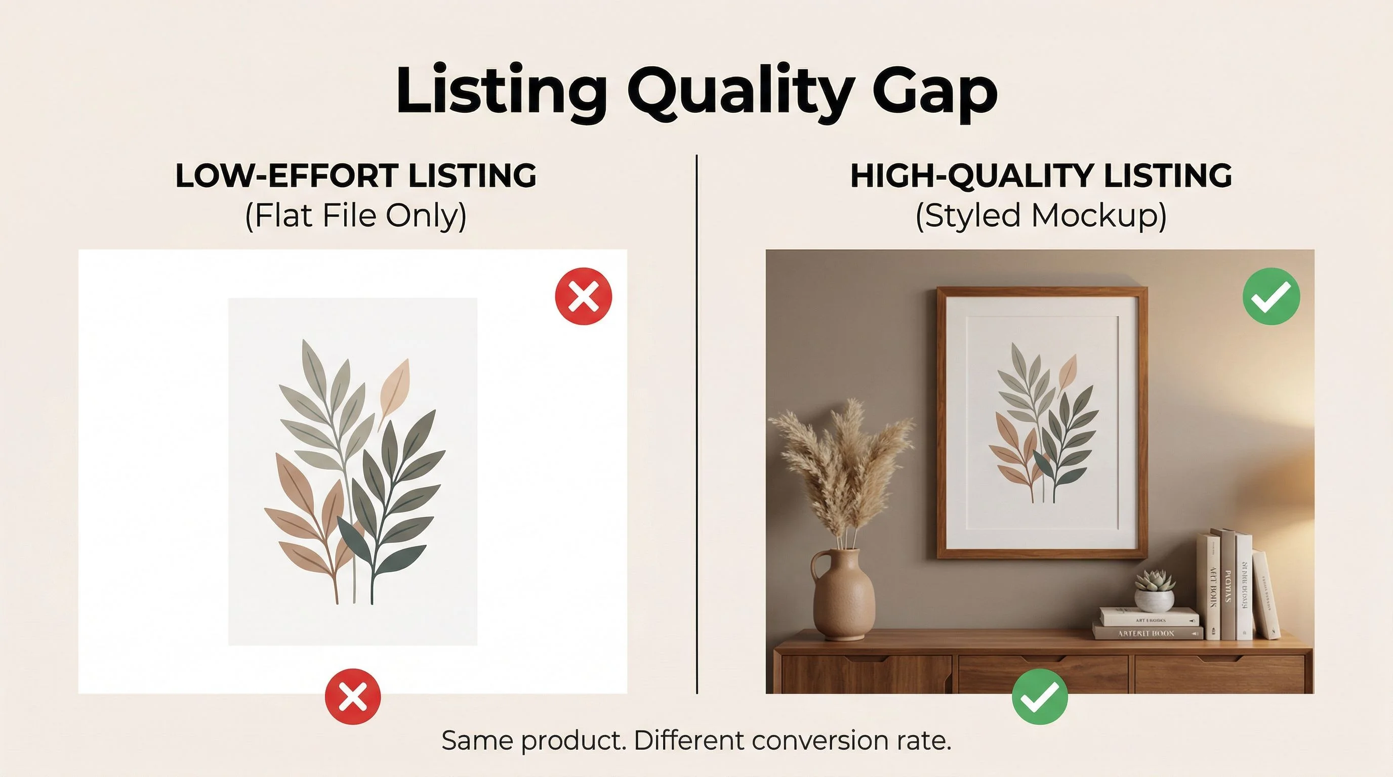 Listing quality gap — A side-by-side comparison labeled Listing Quality Gap. Left side shows a bare, flat digital art file on a plain white background with a small red X icon, representing a low-effort listing. Right side shows the same art beautifully presented in a styled room mockup: framed on a wall, warm lighting, complementary decor, with a green checkmark icon. Below the comparison, a small annotation: Same product. Different conversion rate. Clean editorial design, warm neutral palette, modern sans-serif typography. Informative and instructional, like a slide from a course.
