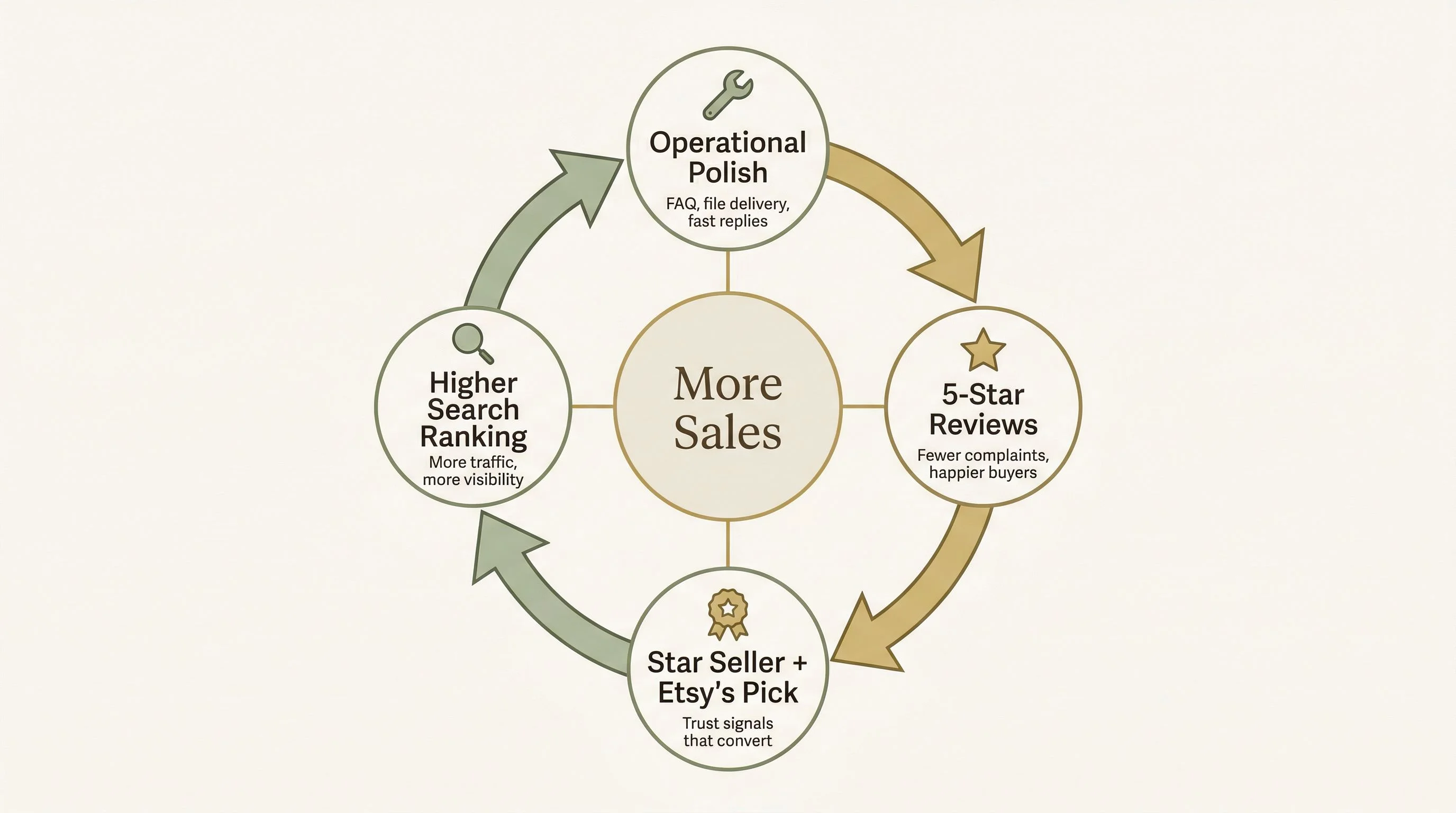 Operational flywheel — A circular flywheel diagram with four connected nodes. Starting from the top and going clockwise: Operational Polish (icon: wrench), 5-Star Reviews (icon: star), Star Seller + Etsy's Pick (icon: badge), Higher Search Ranking (icon: magnifying glass), with arrows between each node showing the compounding cycle. In the center of the flywheel, the text More Sales in slightly larger type. Each node has a subtle one-line annotation underneath: FAQ, file delivery, fast replies / Fewer complaints, happier buyers / Trust signals that convert / More traffic, more visibility. Warm neutral palette, soft greens and golds, clean modern editorial design, sans-serif typography.