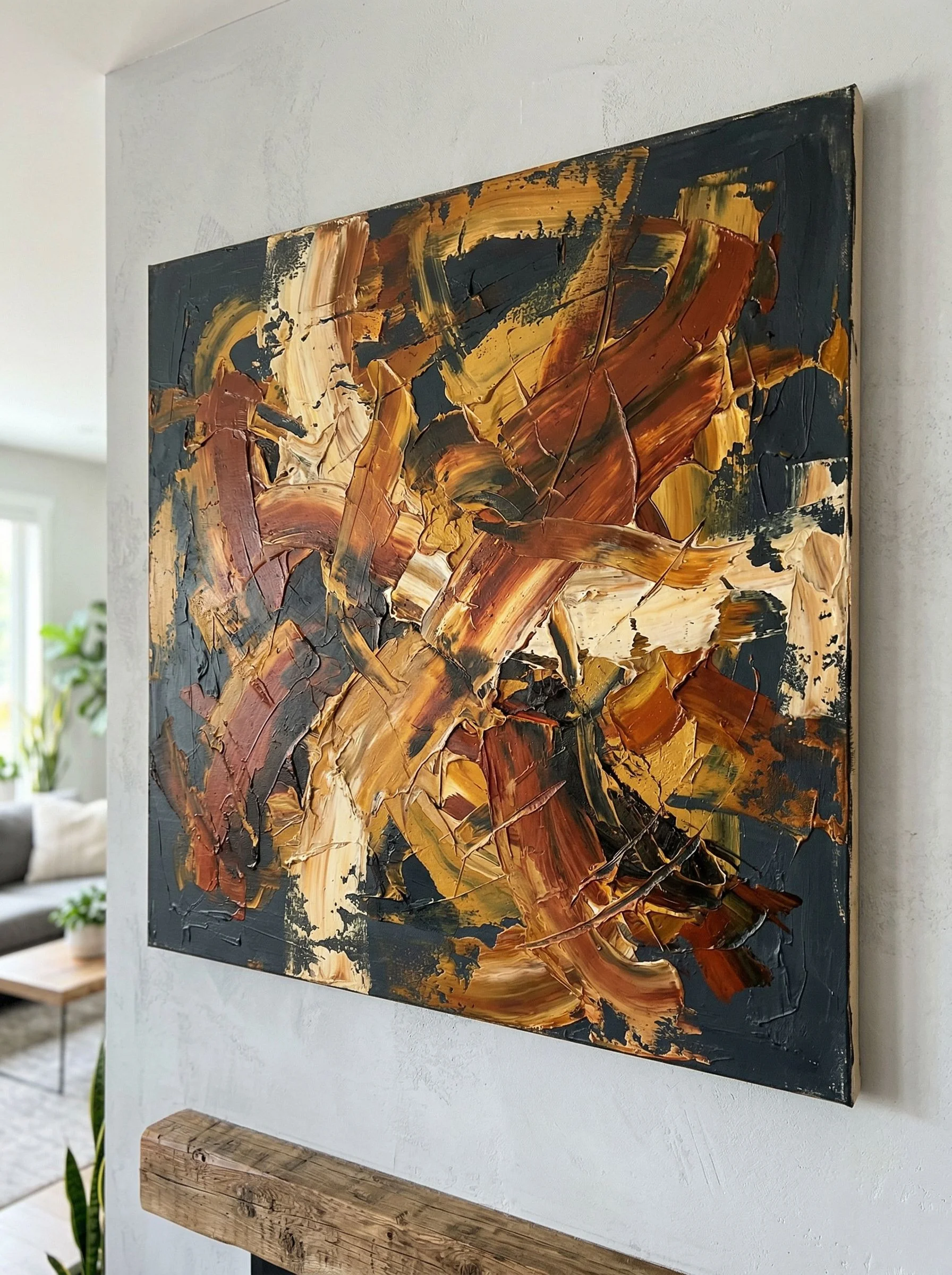 Abstract expressionist painting with rich warm tones. Bold brushstrokes of burnt sienna, deep gold, and cream layered over a moody charcoal background. Thick impasto texture visible. Feels emotional, raw, and luxurious. Gallery-quality contemporary abstract art perfect for a living room. No text, no frames.