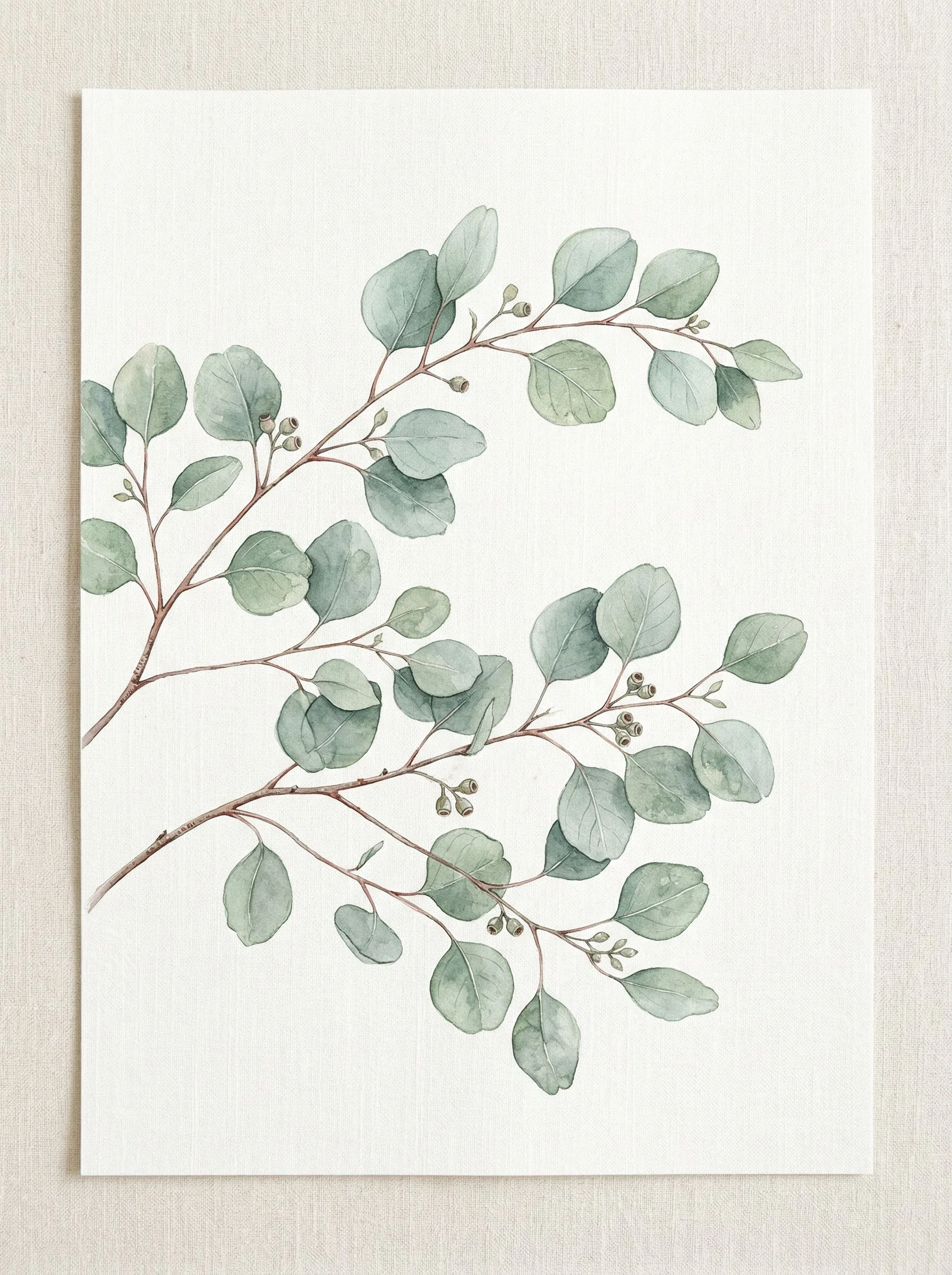 Elegant botanical illustration of eucalyptus branches with soft sage green leaves on an off-white linen textured background. Delicate watercolor style with fine detail. Minimalist, calming, Scandinavian aesthetic. Perfect for bedroom or nursery wall art. No text, no frame.