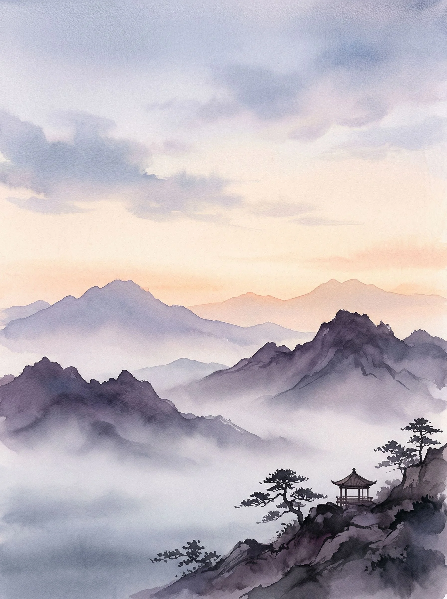 Moody atmospheric landscape painting of misty mountains at dawn. Layers of soft purple, dusty blue, and pale peach. Minimalist composition with negative space. Feels peaceful and contemplative. Japanese-inspired aesthetic. Modern fine art print quality. No text, no frame.