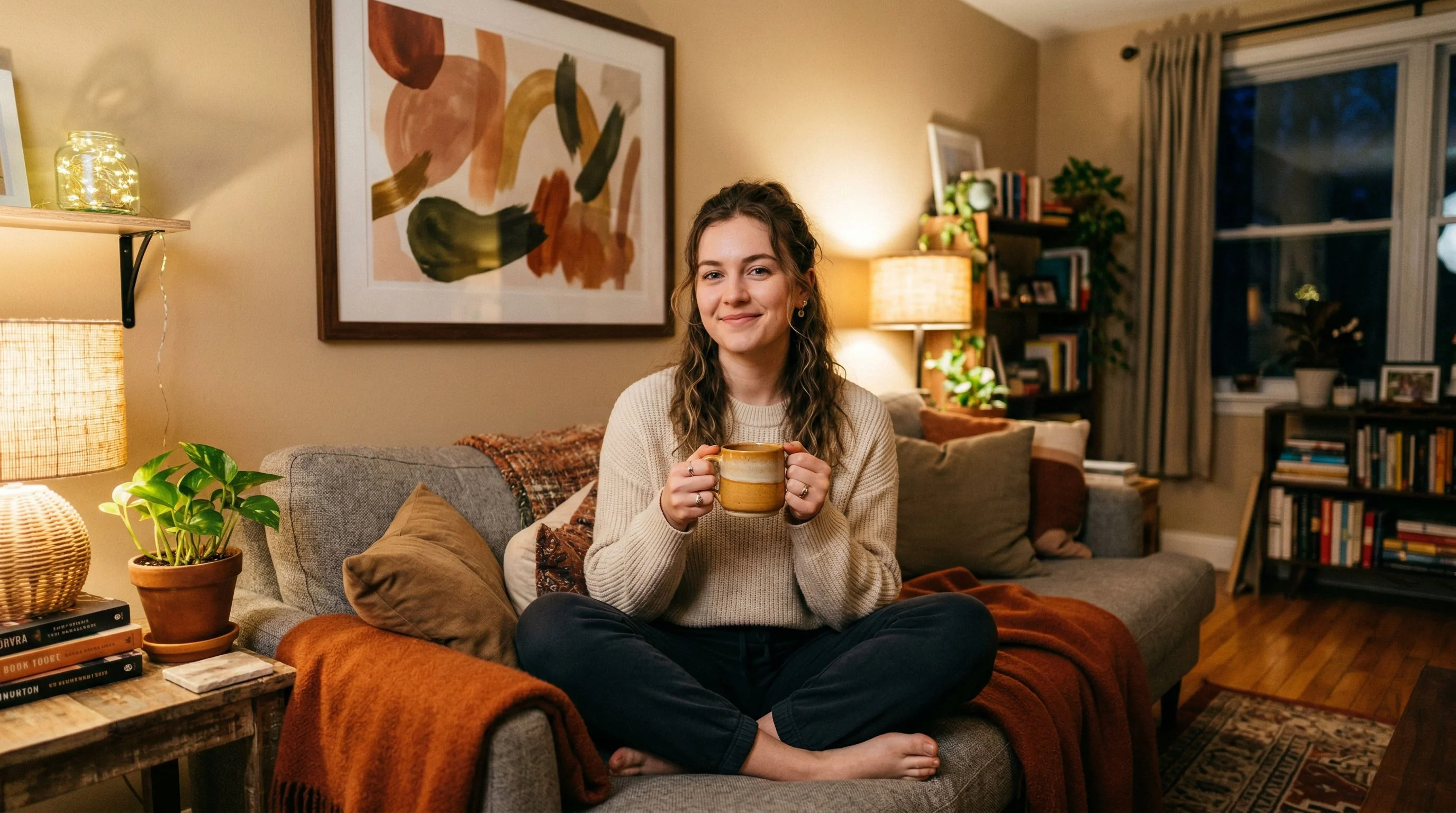 Intimate evening photograph of a young woman sitting cross-legged on a couch in her first apartment, holding a warm cup of tea. Behind her on the wall hangs a large framed abstract art print in warm earth tones that she clearly chose with care. The room has warm lamp lighting and feels personal. She looks content and at peace. The moment captures the feeling of making a space truly yours. Cinematic photography, warm tones, shallow depth of field.