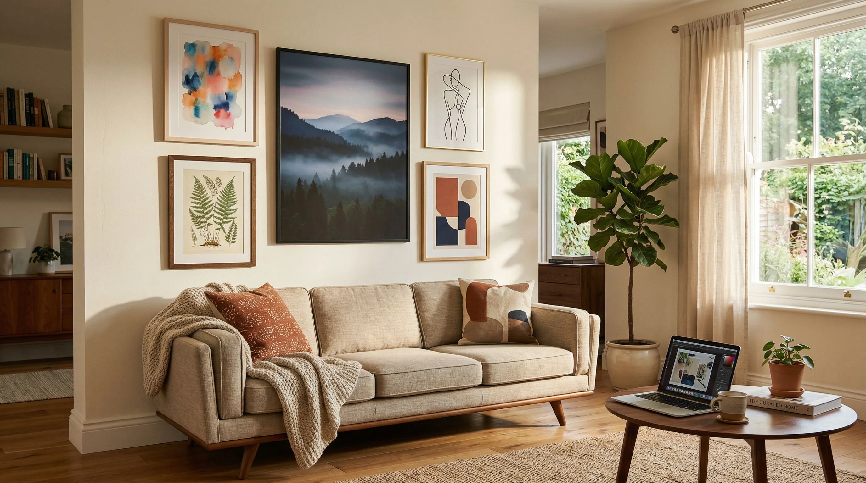Beautiful lifestyle photography of a bright, modern living room with a gallery wall arrangement. Five framed art prints hang on a warm white wall above a mid-century modern sofa. The prints include abstract watercolor art, a moody landscape, minimalist line art, a botanical illustration, and a bold geometric piece. Warm afternoon sunlight streams through a window casting soft shadows. A small table with a coffee cup and an open laptop sits nearby. The room feels aspirational, cozy, and curated. Interior design magazine quality, 8k resolution, warm color palette.