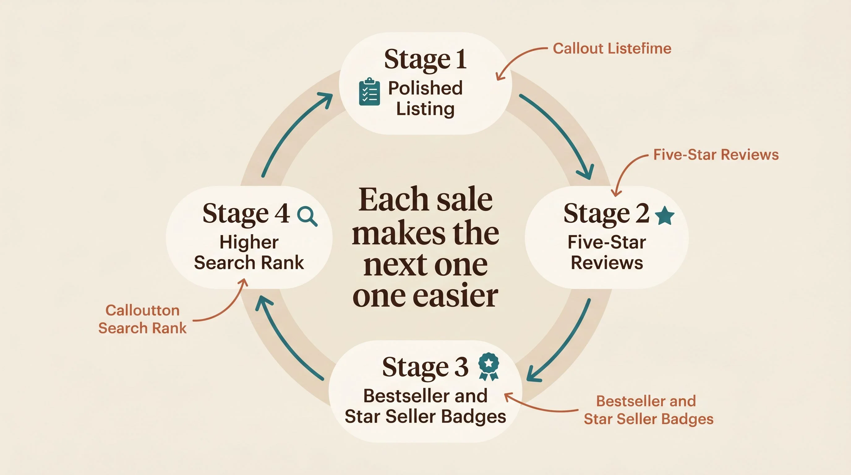 Etsy momentum loop diagram — A circular loop on a warm neutral background with four connected stages flowing clockwise. Stage 1 is labeled Polished Listing with a small checklist icon. Stage 2 is labeled Five-Star Reviews with a small star icon. Stage 3 is labeled Bestseller and Star Seller Badges with a small badge icon. Stage 4 is labeled Higher Search Rank with a small magnifying glass icon. In the center of the loop, the text reads Each sale makes the next one easier. Curved arrows connect each stage to the next. Cream background, teal for key data, espresso for text, terracotta for callout annotations. Flat design, no gradients, no 3D, rounded shapes, generous whitespace, editorial print magazine quality, serif font for numbers, sans-serif for labels.