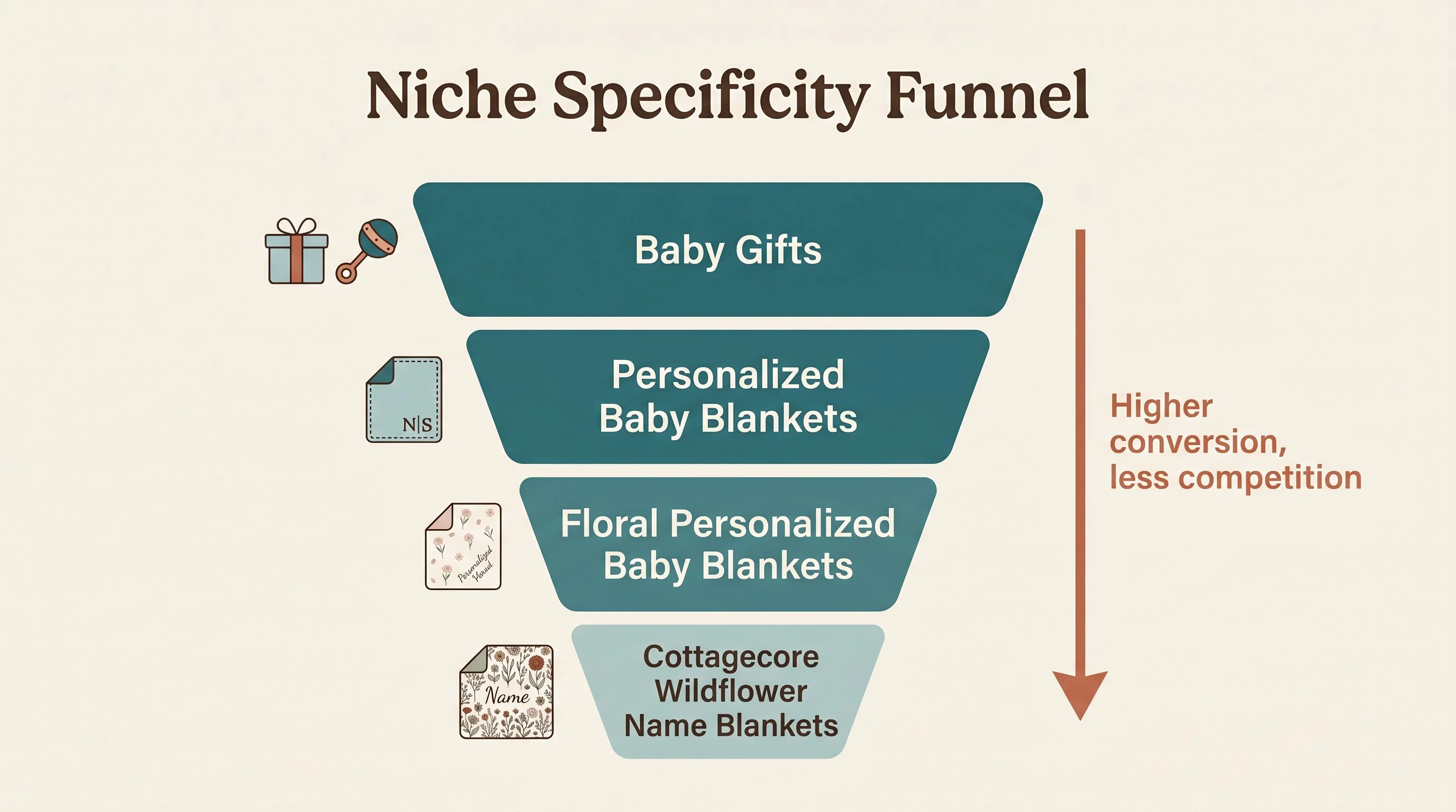 Niche specificity funnel — A vertical funnel diagram on a warm neutral background. The wide top of the funnel is labeled Baby Gifts, the middle section is labeled Personalized Baby Blankets, the narrower section reads Floral Personalized Baby Blankets, and the bottom narrowest section reads Cottagecore Wildflower Name Blankets. Each level has a small icon next to it representing the category. An arrow on the right side points down and reads Higher conversion, less competition. Cream background, teal for key data, espresso for text, terracotta for callout annotations. Flat design, no gradients, no 3D, rounded shapes, generous whitespace, editorial print magazine quality, serif font for numbers, sans-serif for labels.
