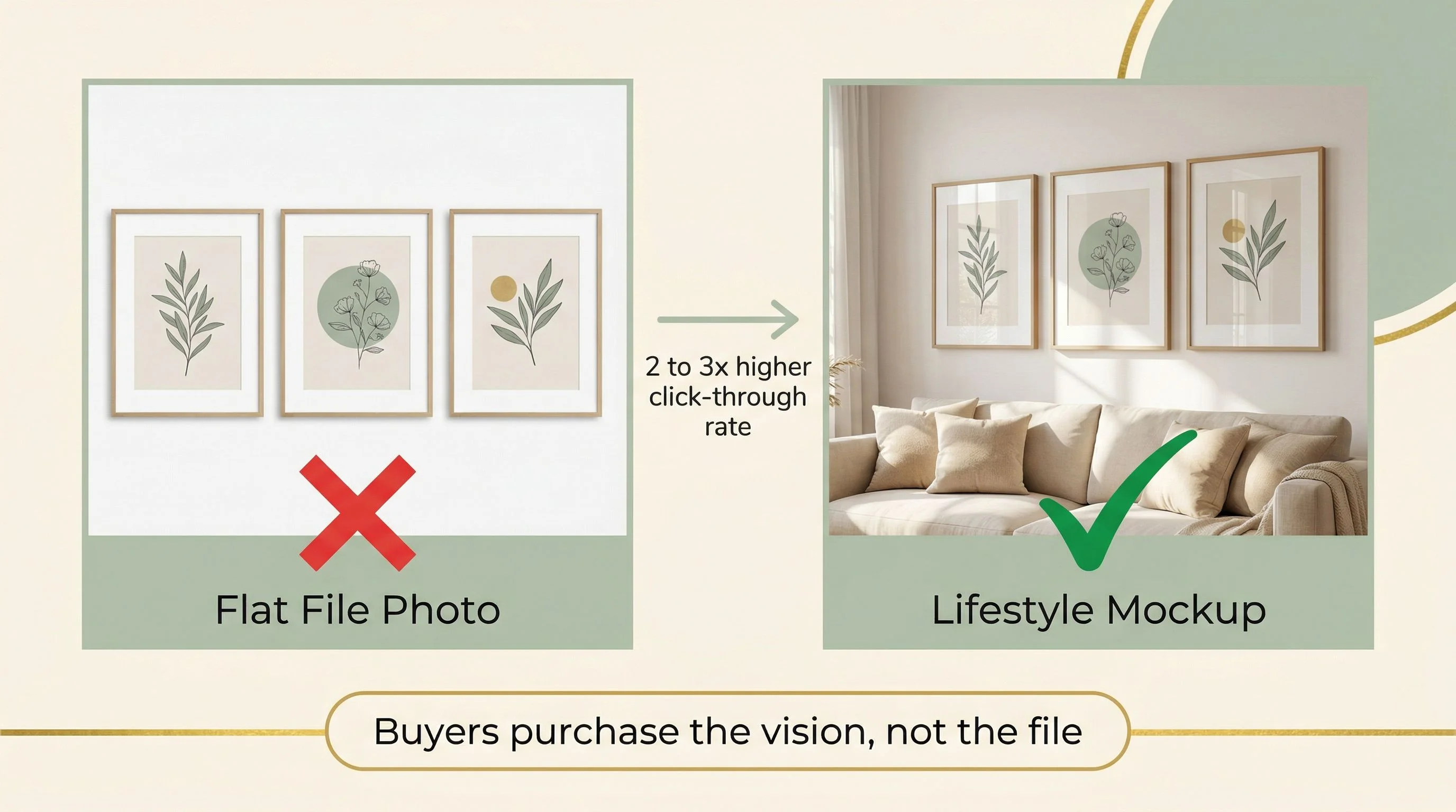 Listing photo comparison diagram — A side-by-side comparison on a warm cream background. On the left, a simple flat image of three prints with a red X and the label Flat File Photo. On the right, the same three prints shown in a styled living room scene above a sofa with natural light, a green checkmark, and the label Lifestyle Mockup. An annotation arrow between them reads 2 to 3x higher click-through rate. Below, a callout box reads Buyers purchase the vision, not the file. Soft sage green and gold accents. Clean sans-serif labels. Modern editorial infographic style.