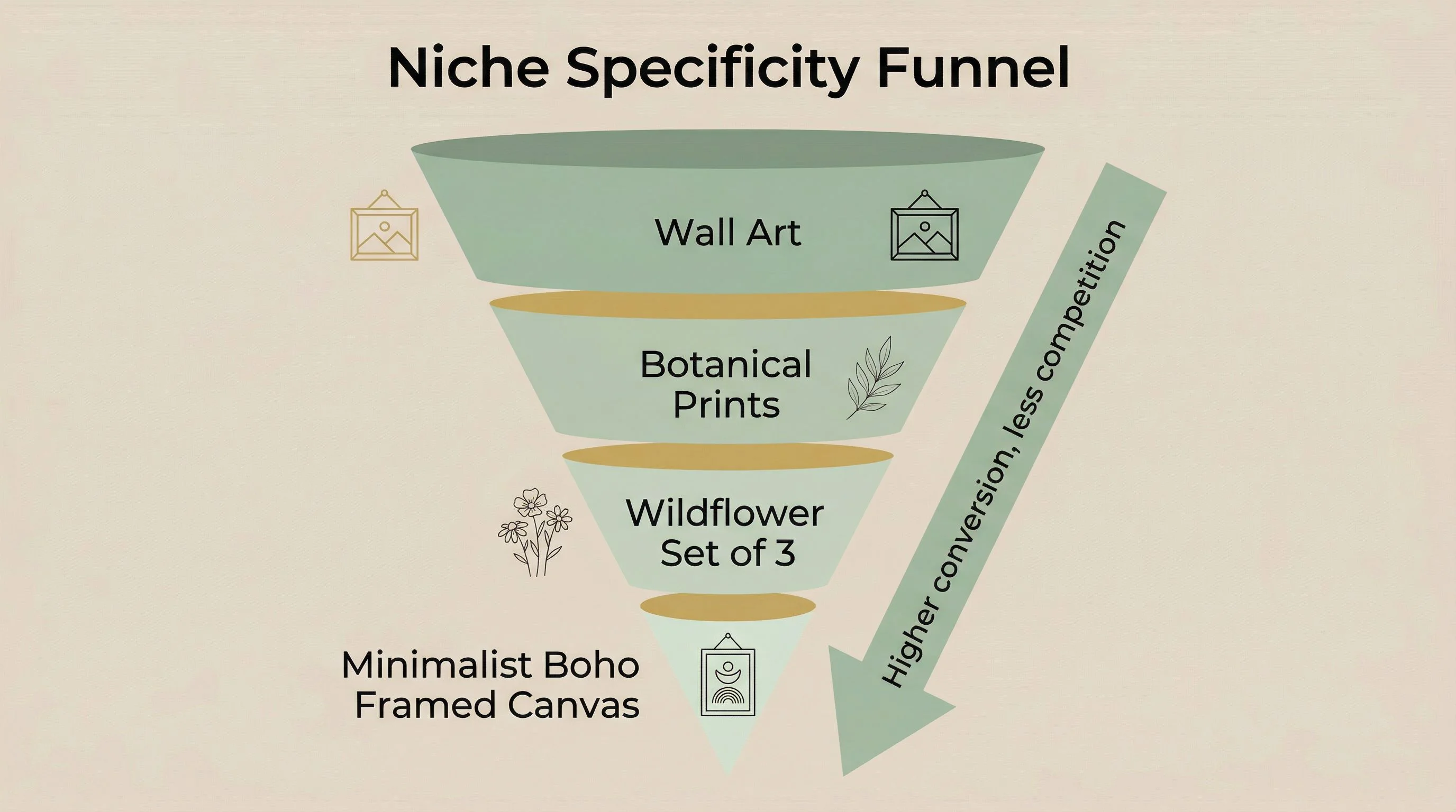 Niche specificity funnel — A vertical funnel diagram on a warm neutral background. The wide top of the funnel is labeled Wall Art, the middle section is labeled Botanical Prints, the narrower section reads Wildflower Set of 3, and the bottom narrowest section reads Minimalist Boho Framed Canvas. Each level has a small icon next to it representing the category. An arrow on the right side points down and reads Higher conversion, less competition. Soft sage green and gold color palette. Clean sans-serif typography. Modern editorial infographic design.
