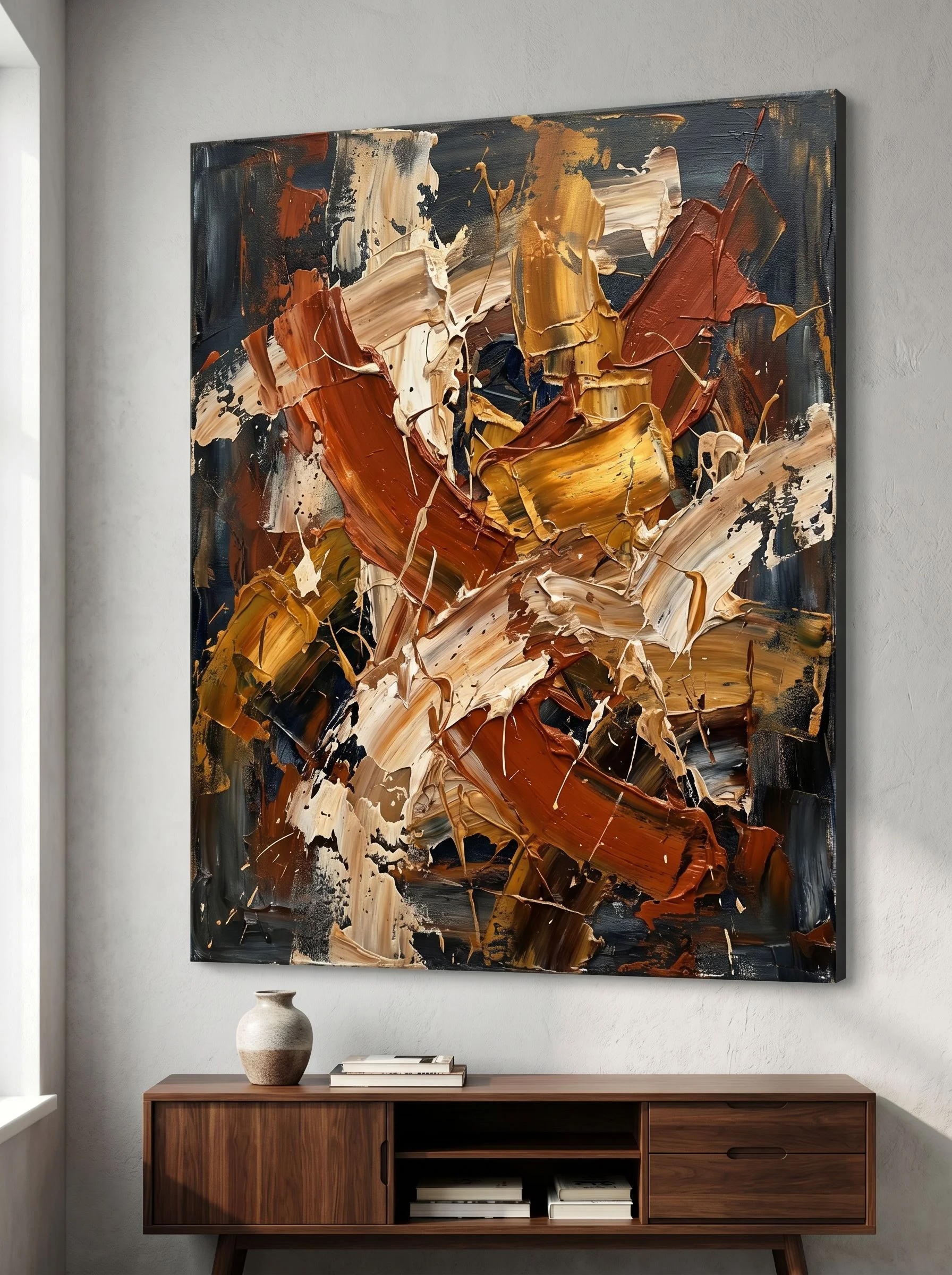 Abstract expressionist painting with rich warm tones. Bold brushstrokes of burnt sienna, deep gold, and cream layered over a moody charcoal background. Thick impasto texture visible. Feels emotional, raw, and luxurious. Gallery-quality contemporary abstract art perfect for a living room. No text, no frame.