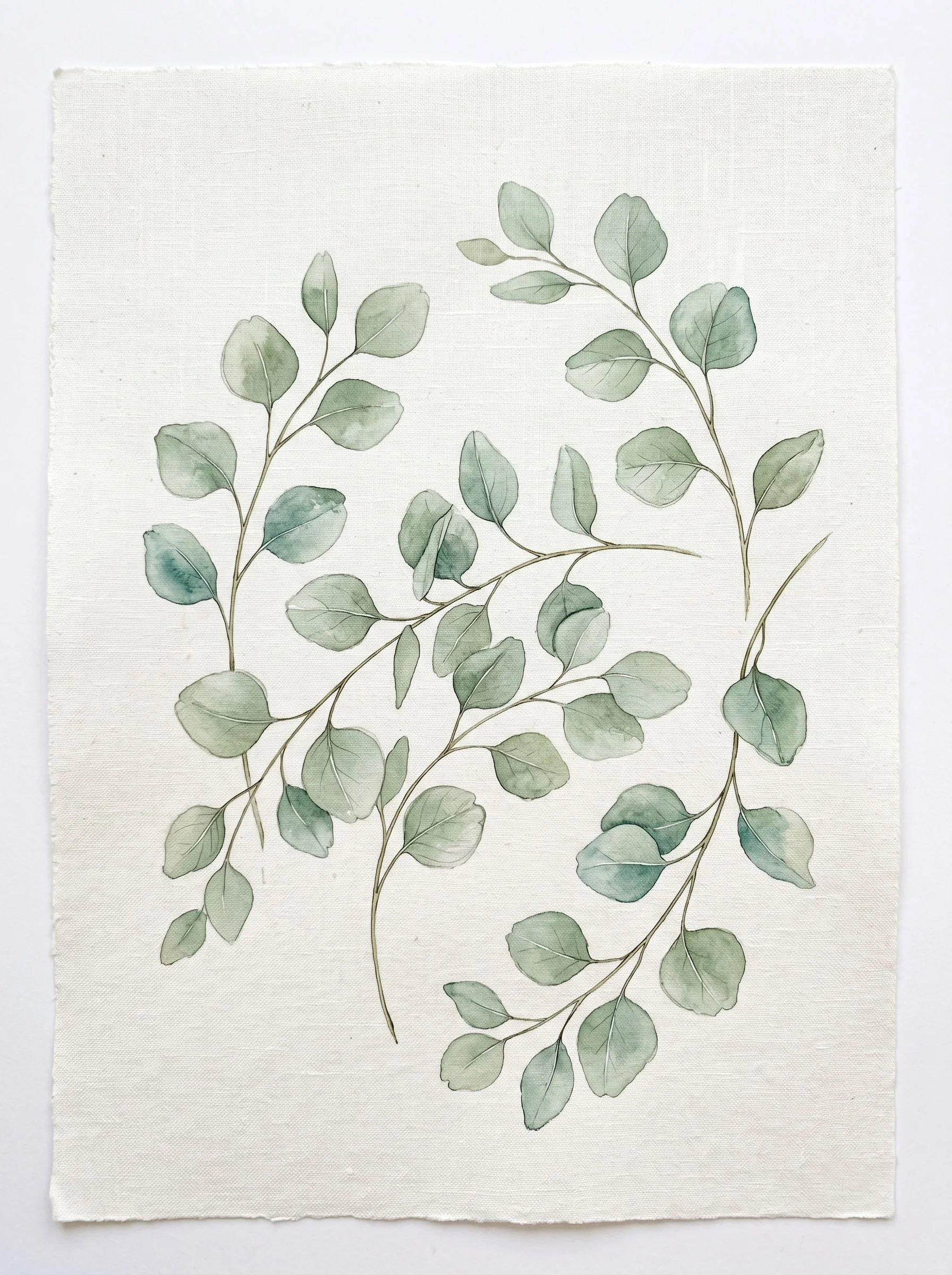 Elegant botanical illustration of eucalyptus branches with soft sage green leaves on an off-white linen textured background. Delicate watercolor style with fine detail. Minimalist, calming, Scandinavian aesthetic. Perfect for bedroom or nursery wall art. No text, no frame.