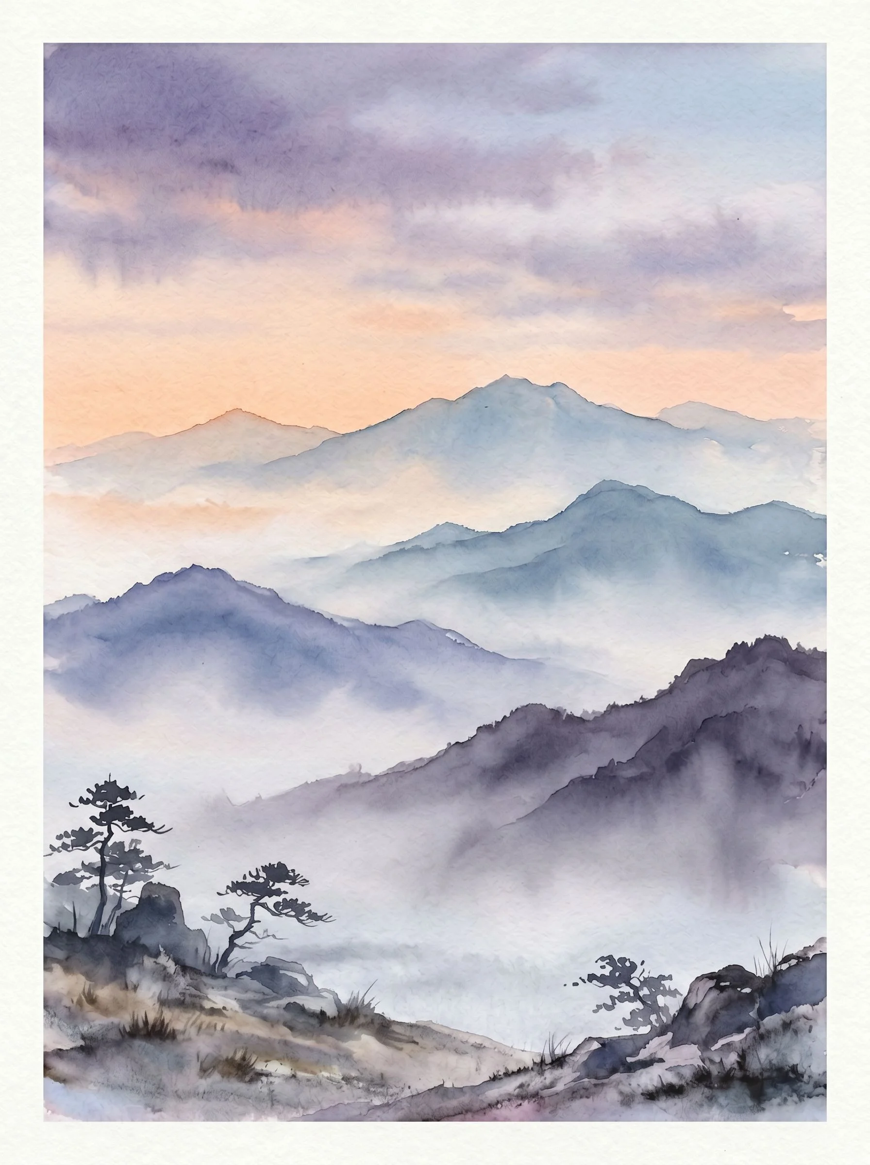 Moody atmospheric landscape painting of misty mountains at dawn. Layers of soft purple, dusty blue, and pale peach. Minimalist composition with negative space. Feels peaceful and contemplative. Japanese-inspired aesthetic. Modern fine art print quality. No text, no frame.