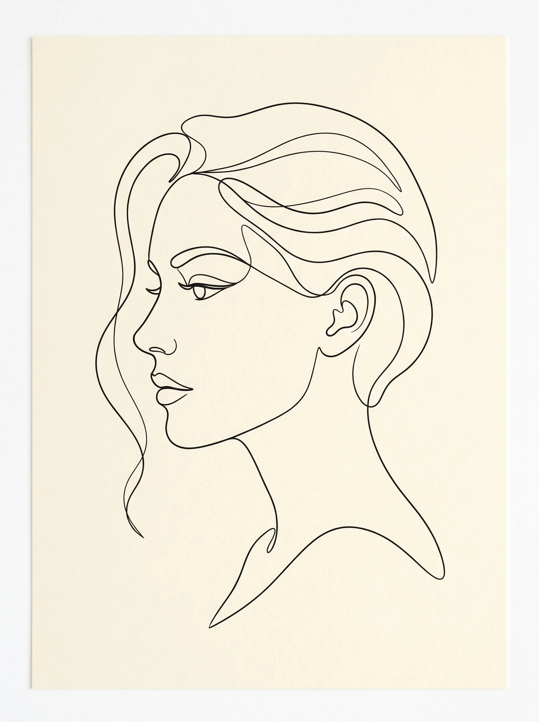 Continuous single-line drawing of a woman's face in profile. Elegant minimalist line art on a warm cream background. One flowing black line creates the entire portrait. Sophisticated, modern, gallery-quality. Perfect for a bedroom or office. Clean and refined aesthetic. No text, no frame.